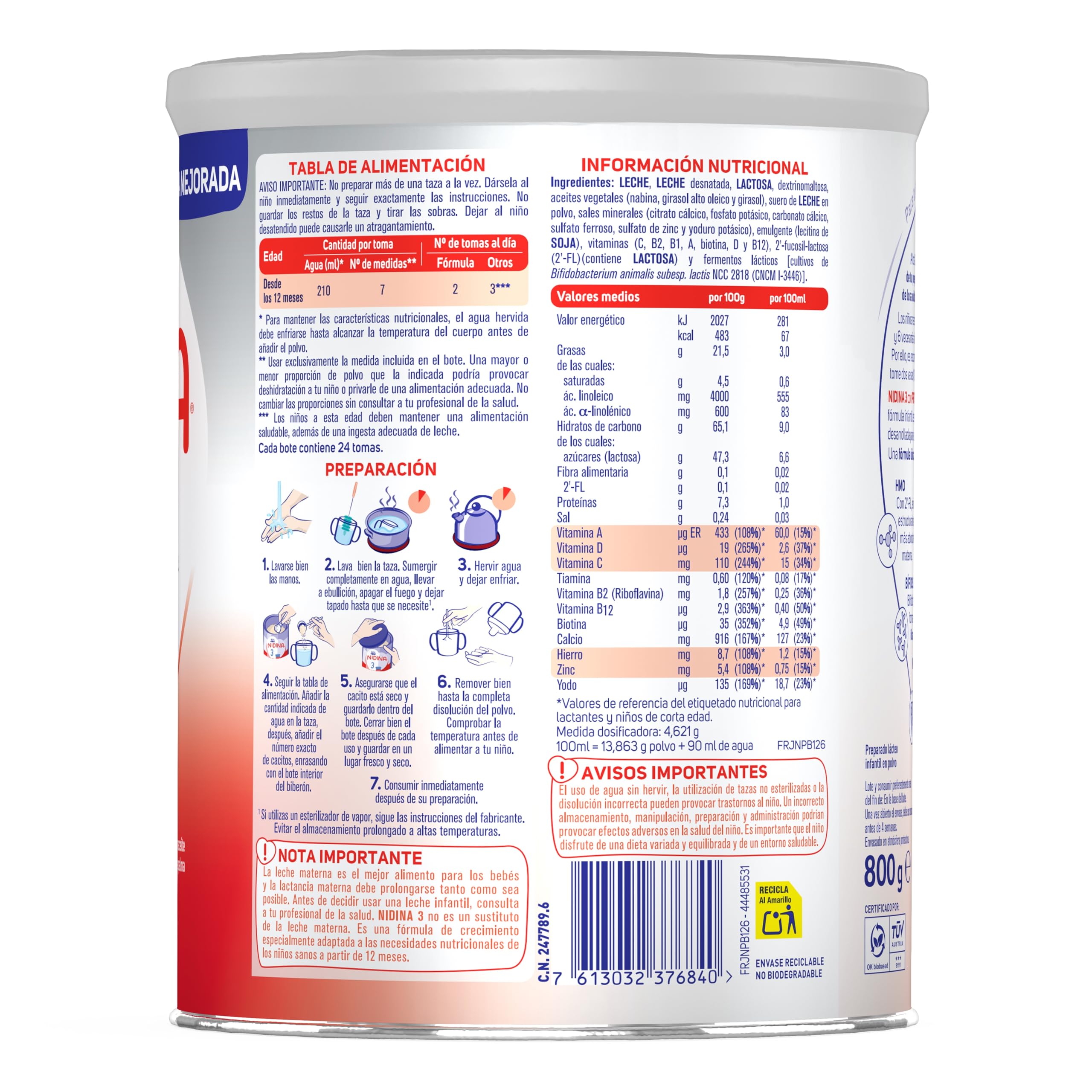 Nestlé NIDINA 3 Leche de crecimiento en polvo para bebés a partir de 12 meses, 3 x 800g