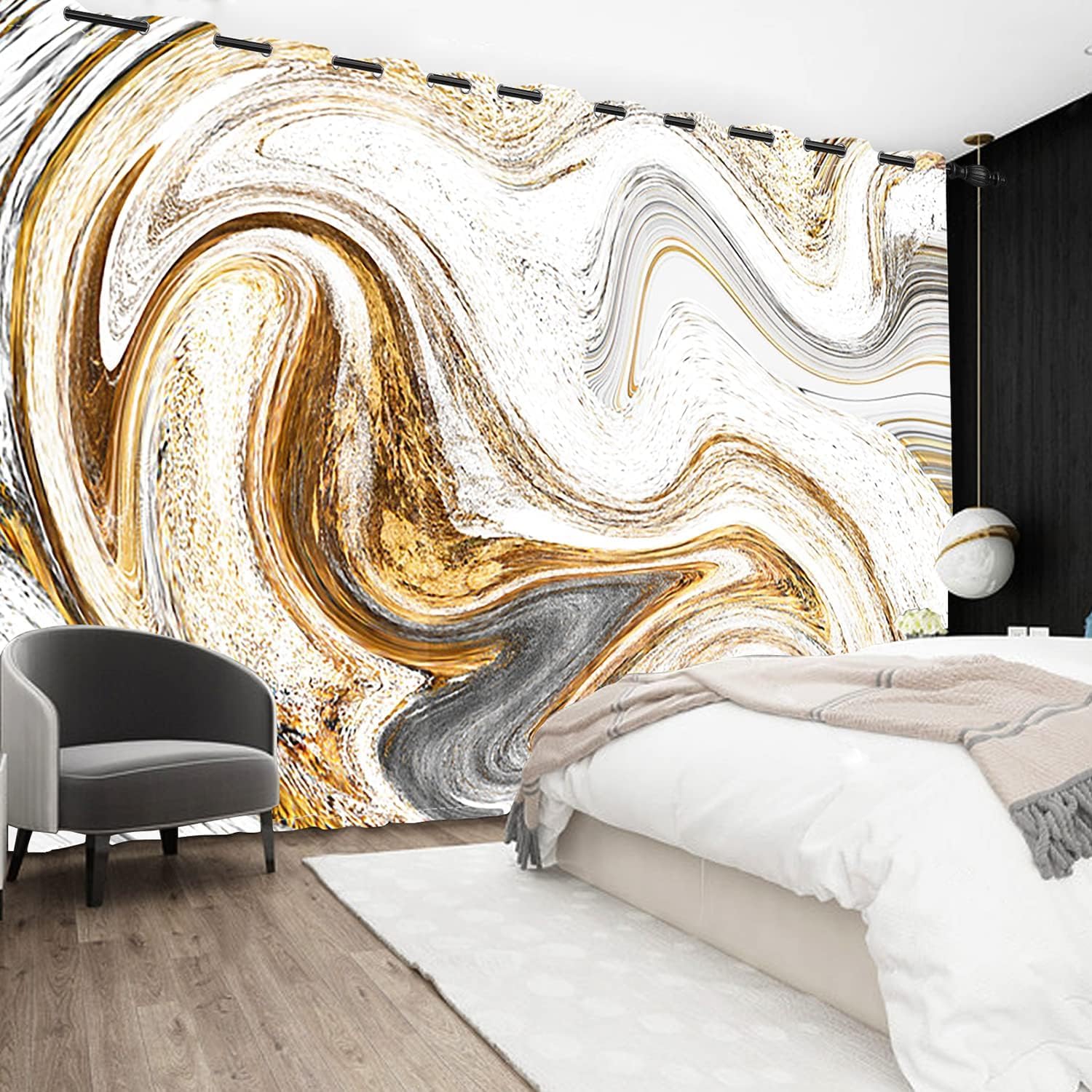 Uiiooazy Gardinen Schwarz-Gold Marmoroptik | 2-teilig Je 140x175 Cm, Blickdicht & Thermoisolierend | Mit Metallösen