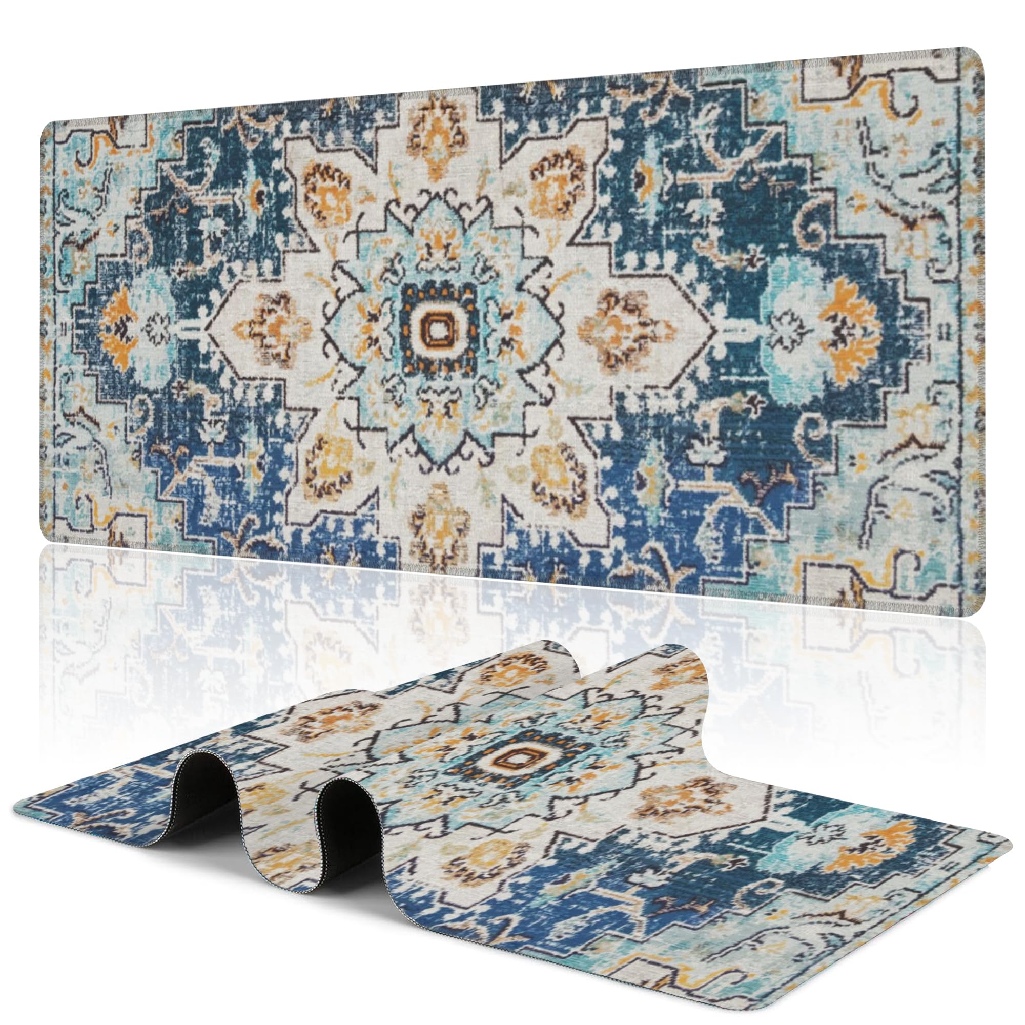 Uiaoiais Desk Mat,Bohemian Textile Rug Texture Mouse Pad,31.5""X15.7"" Large Desk Pad with Stitched Edge Non-Slip Base Keyboard Big Mouse Pad for Office Home Work Gaming, WDQ-D10