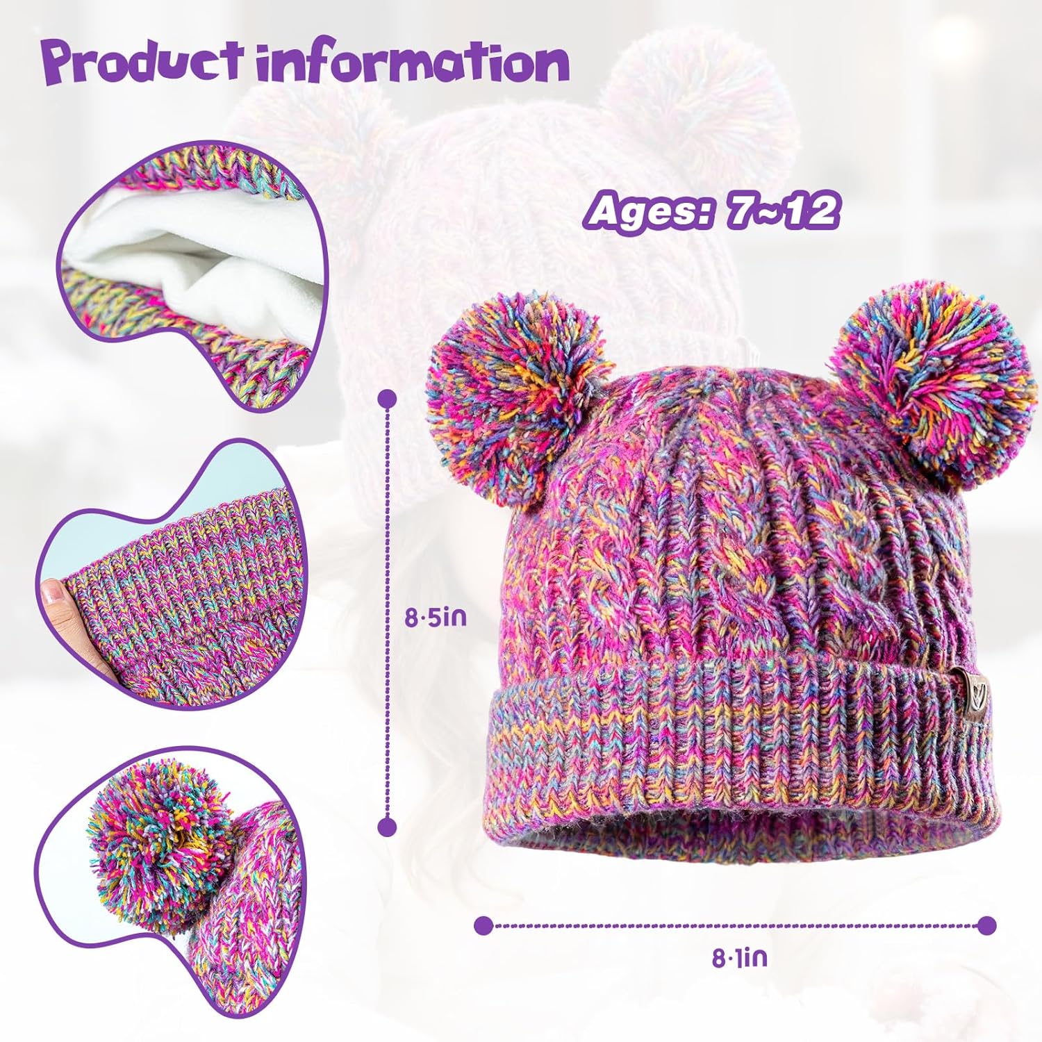 Gealaek Kids Winter Hat with Pom Pom, Toddler Beanie with Warm Fleece Lined, Cute Girls Snow Cap - Image 2