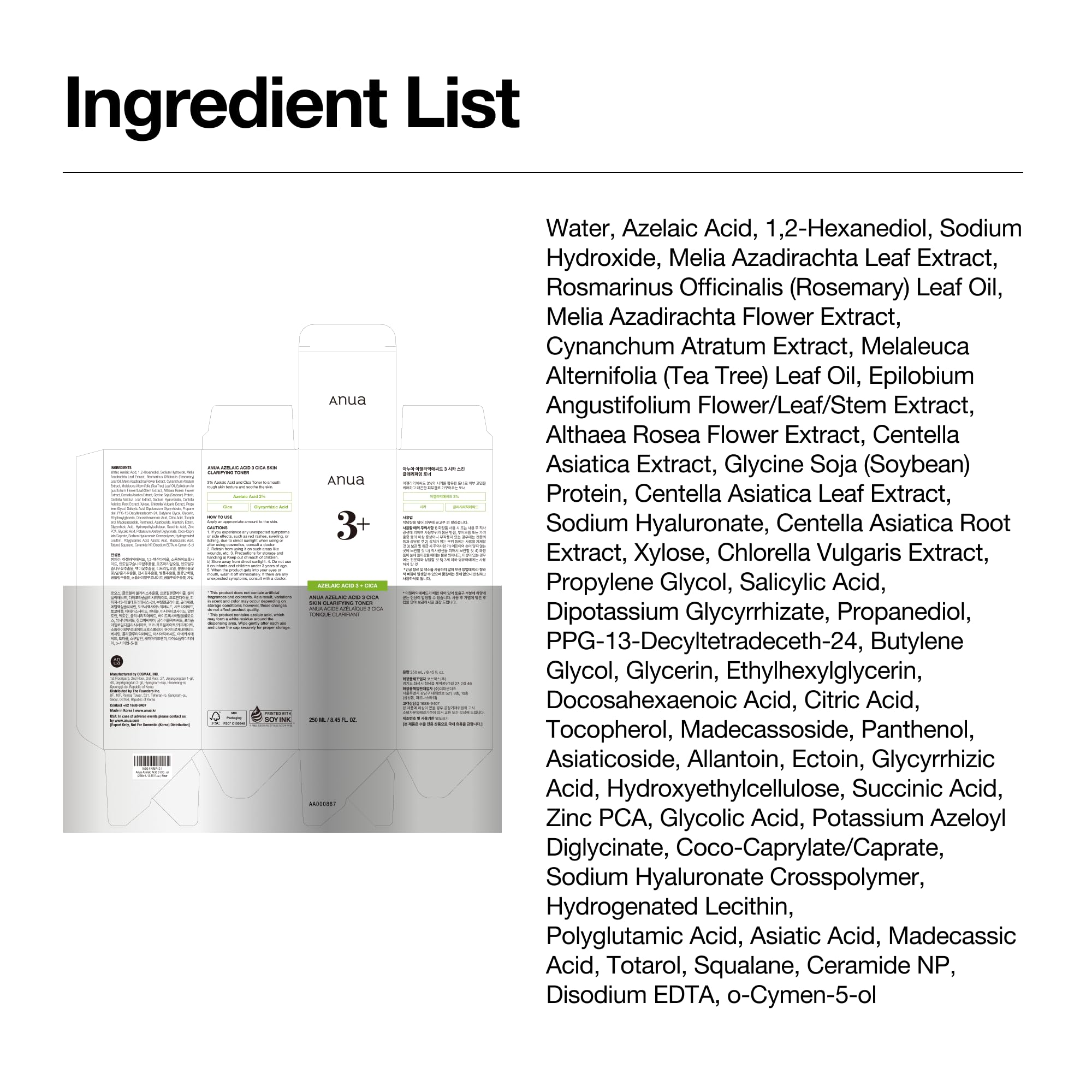 Anua Azelaic Acid 3 CICA Skin Claryfing, tonifiant et transparent, avec acide salicylique et acide azélaïque, sébum & Spot Care, convient aux peaux sensibles, soins de la peau coréenne (250 ml)
