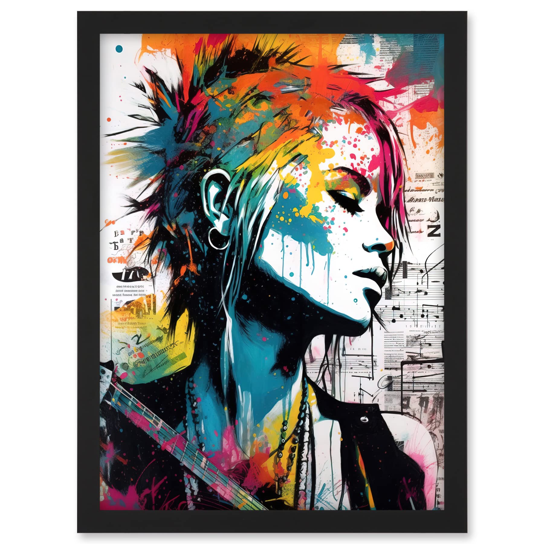 Artery8 Emo Woman Electric Guitar Sheet Music Upcycle Art Splatter Paint Modern Painting Artwork Framed A3 Wall Art Print