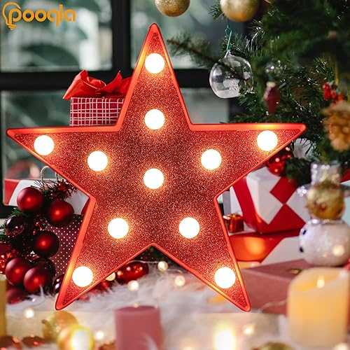Miniatura 3 de Pooqla Luces de marquesina de estrella, estrella de marquesina LED con purpurina, estrella de luz roja, estrella brillante iluminada, funciona con