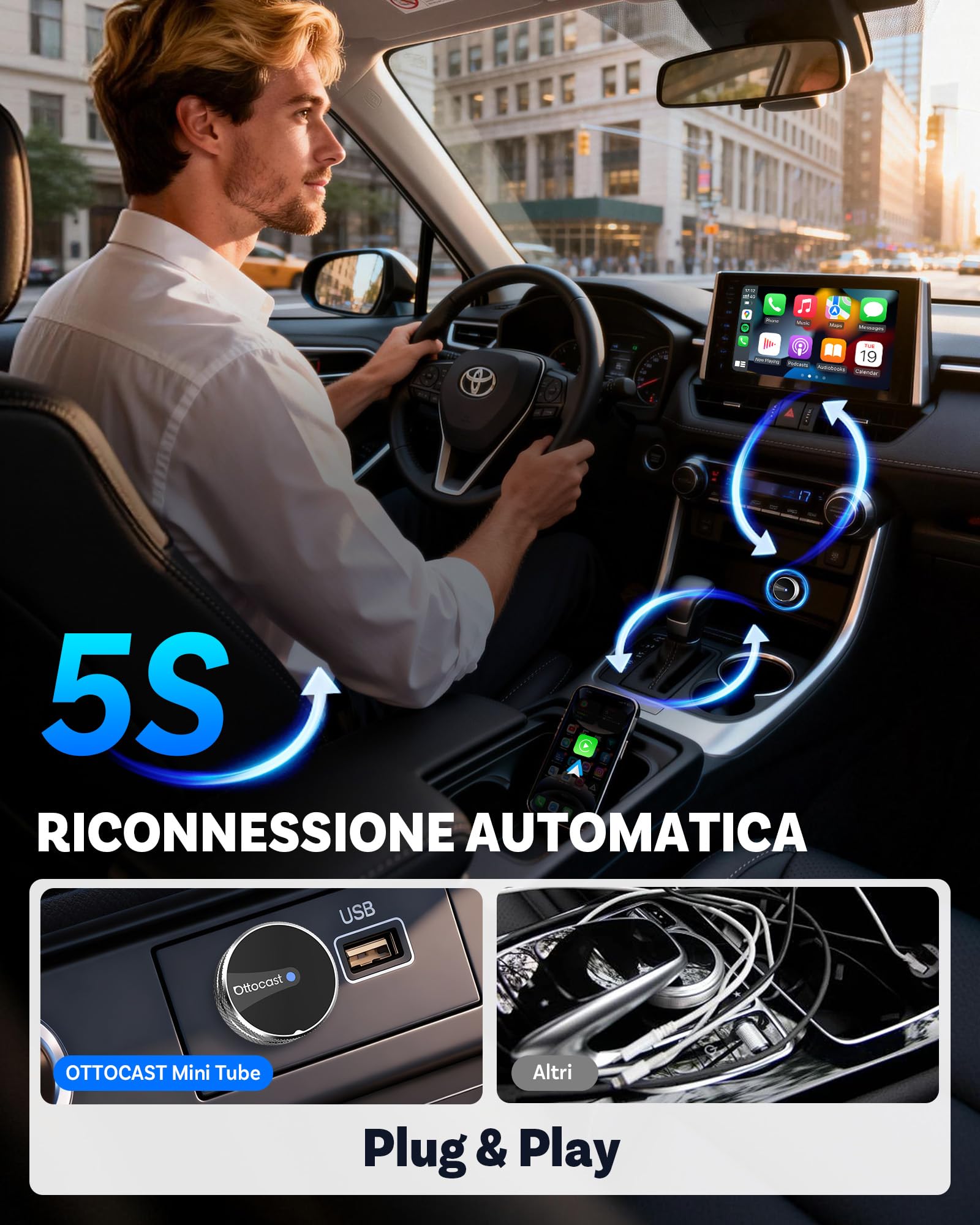 OTTOCAST Mini Tube 2026, Adattatore Wireless CarPlay & Android Auto, Connessione in 5-8s, USB-A/Type-C, Aggiornamento OTA, iOS 10+/Android 11+, Compatibile Auto dal 2016 (No BMW/Tesla)