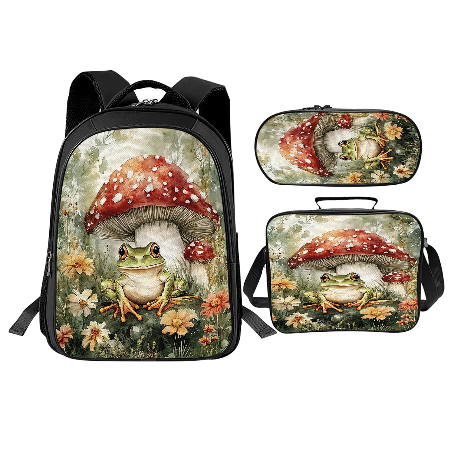 Trimety Mushroom Frog Backpack Set 3 Piece School Bags and Lunch Box with Pencil Case Green Cute Frogs Mushrooms Bookbag Set for Toddler Kids Girls