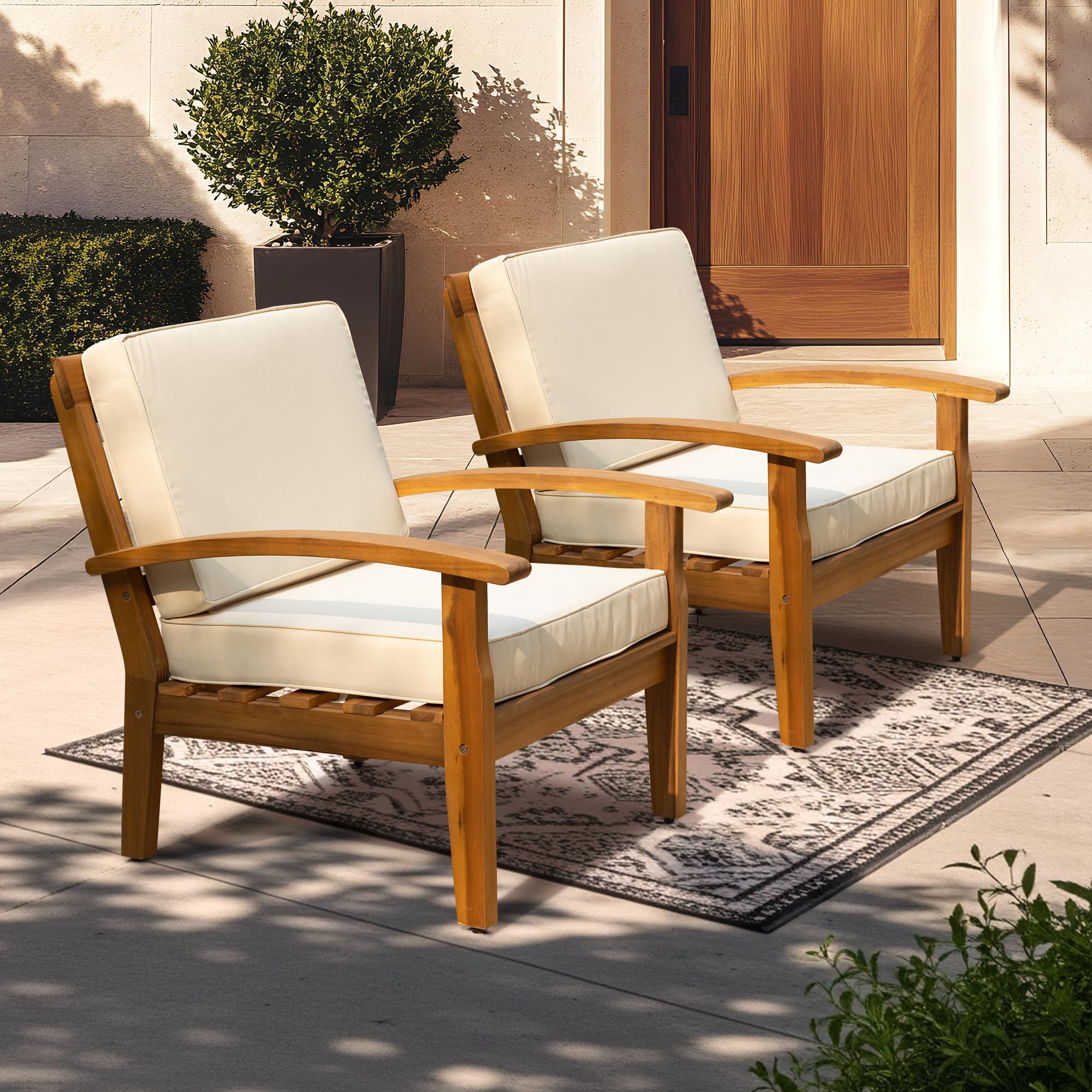 IDZO Club Chairs Laurent 500lbs Capacity Acacia Outdoor Set of 2, FSC Teak Finish Patio Furniture Sets with 3.9in Thick Cushion, Appropriate for Garden Porch, Wood_Beige