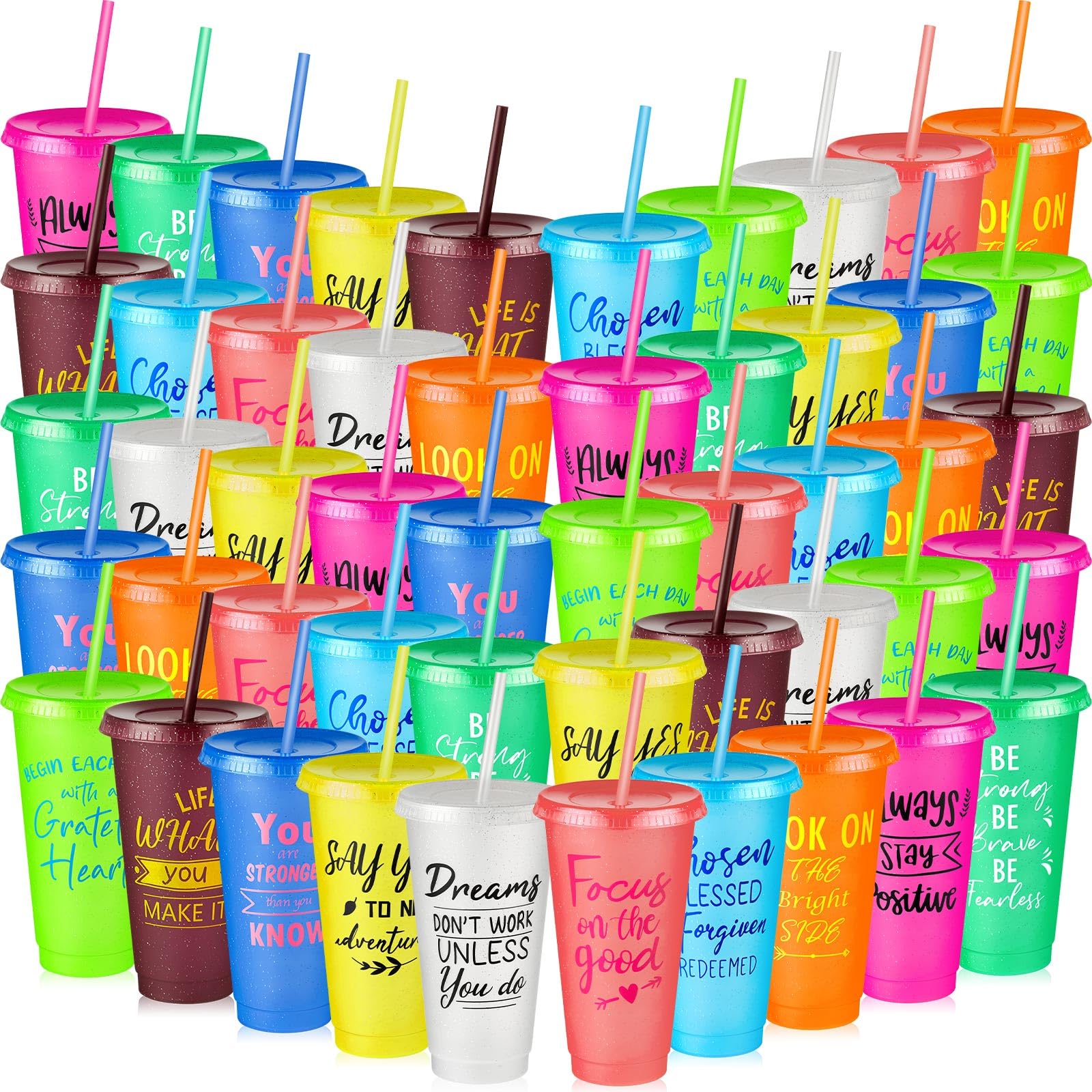 Uiifan Lot de 50 gobelets en plastique réutilisables avec couvercle et paille – Pour bureau, école, salle de classe – 700 ml – Cadeaux inspirants – Cadeau de Noël (couleurs vives)