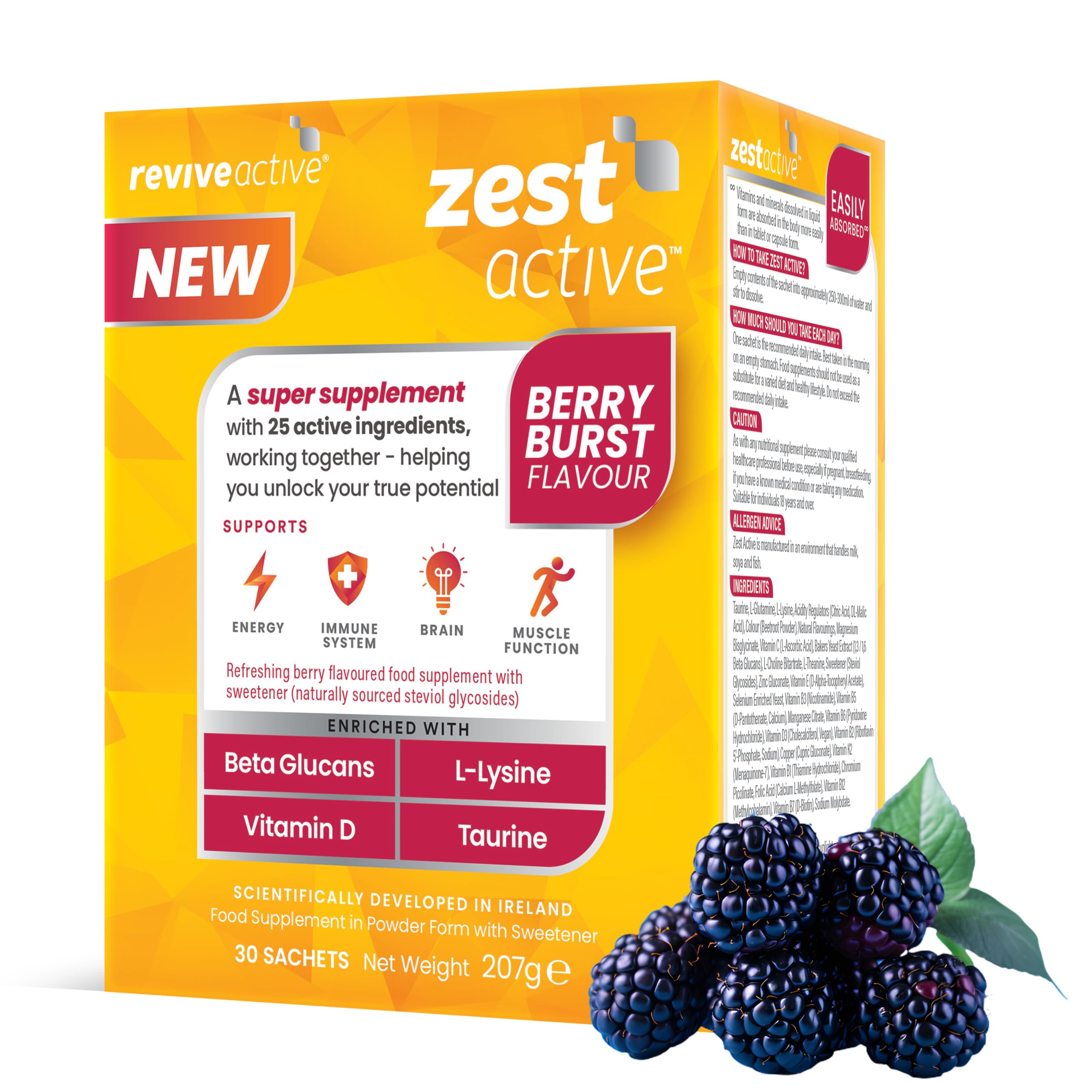 Zest Super Supplement - Advanced 25 Ingredients in One Daily Sachet - Daily Boost Supports Energy, Immune System, Brain & Muscle Function - 30 Day Supply