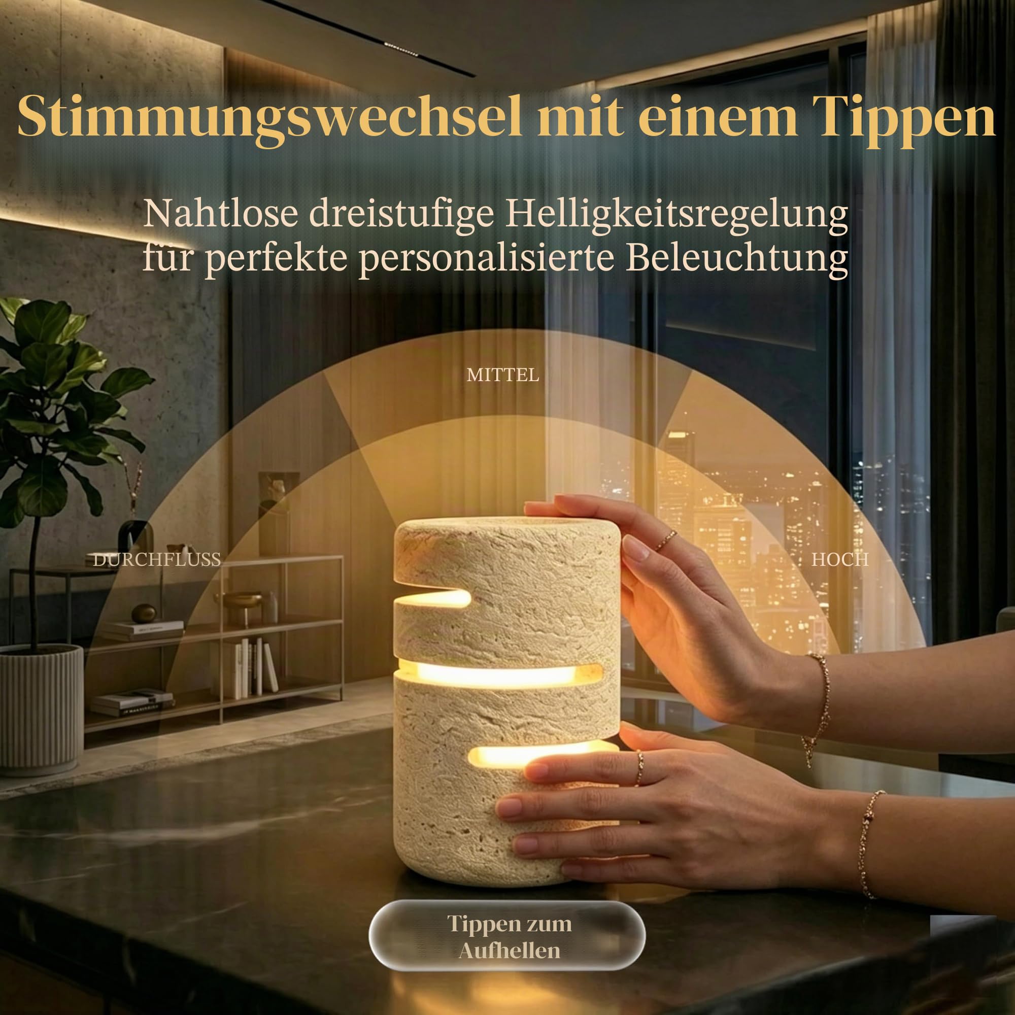 Marmor Nachttischlampe Dimmbar aus Travertin,Wiederaufladbare LED Tischleuchte,Steinlampe Rechargeable Lamp, Ambiente Lampe