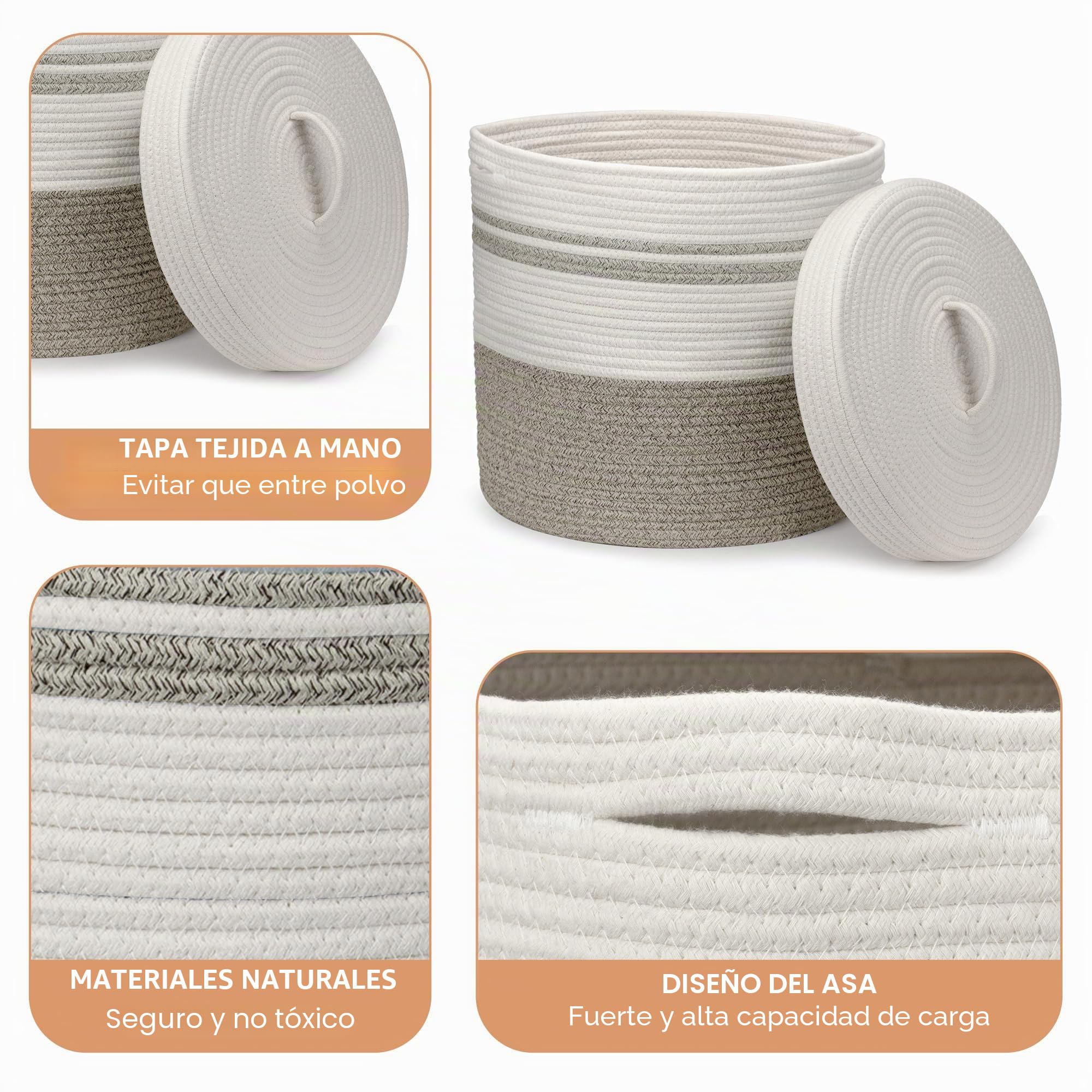 Cesta de lavandería con tapa, cesta tejida para ropa sucia, manta y cesta de almacenamiento de juguetes para sala de estar, dormitorio, baño, guardería (marrón y blanco, 40 L)
