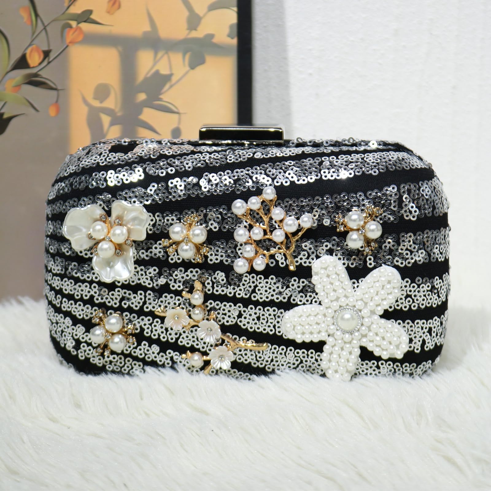 CORIOS Borsetta da Sera con Fiori Donna Clutch con Paillettes Elegante Perline Borsa a Spalla a Tracolla Pochette Piccolo con Catena Gorgeous Borsa Sposa per Cocktail Festa Ballo