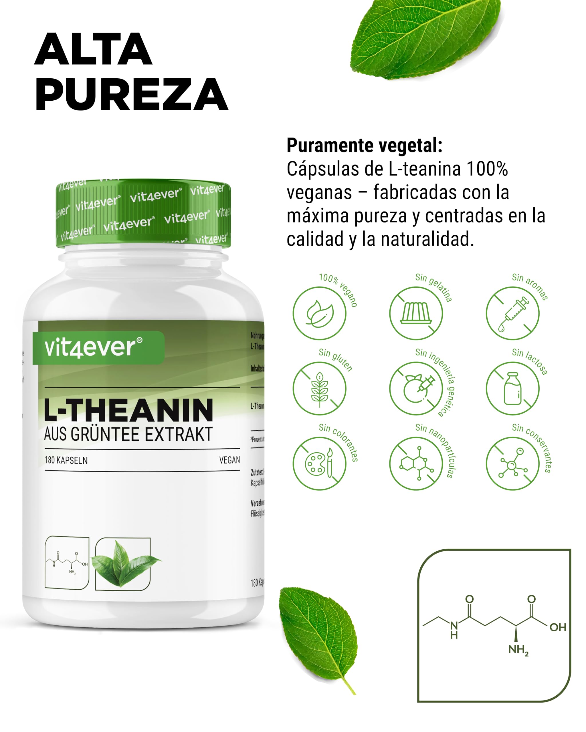 L-Teanina - 180 cápsulas - 750 mg por dosis diaria - De extracto natural de té verde - Alta dosis - Vegano