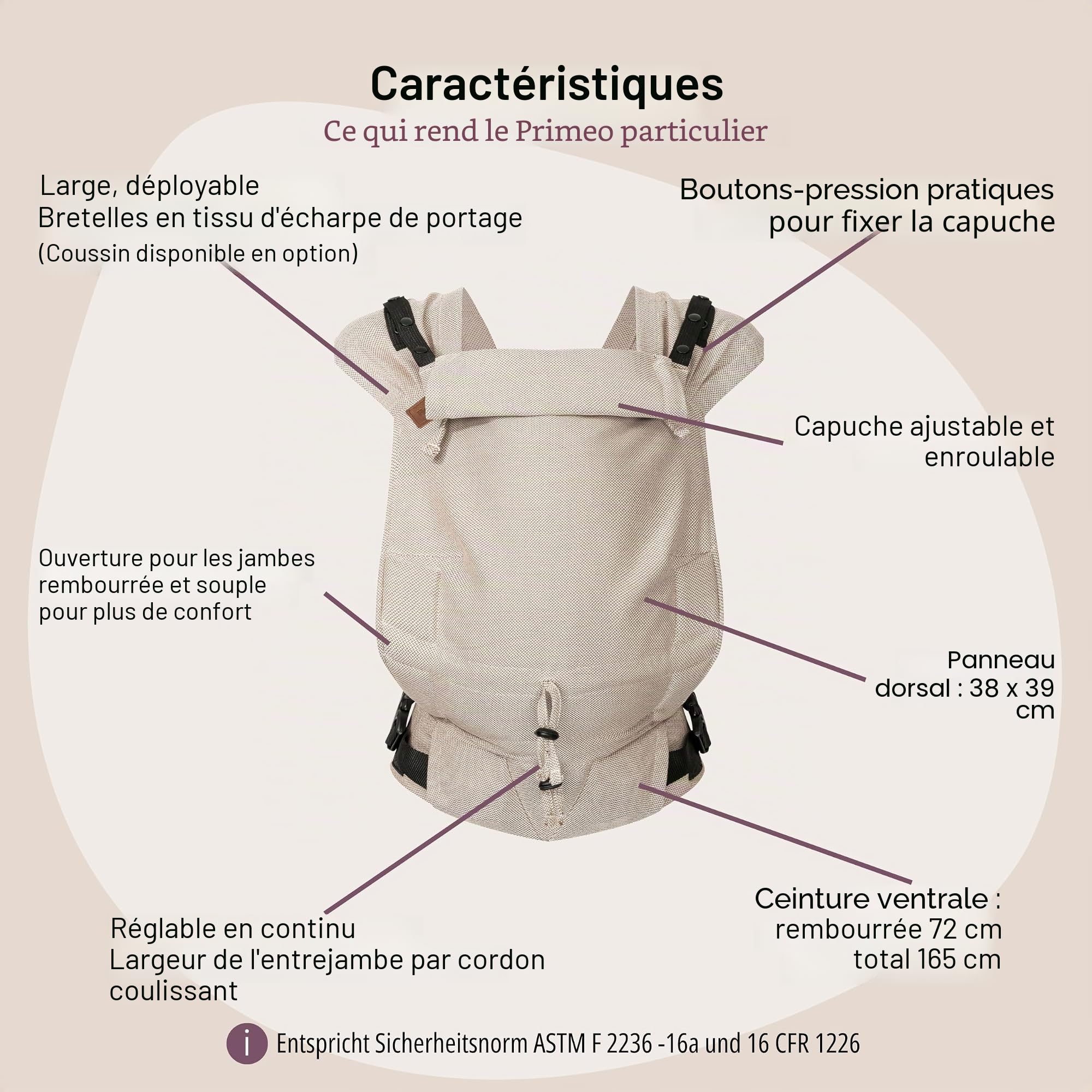 Hoppediz Porte-bébé Primeo Full-Buckle dès la naissance (2.5-15 kg), Porte-bébé ventral et dorsal, Taille Réglable, 100% coton bio, Design Djerba