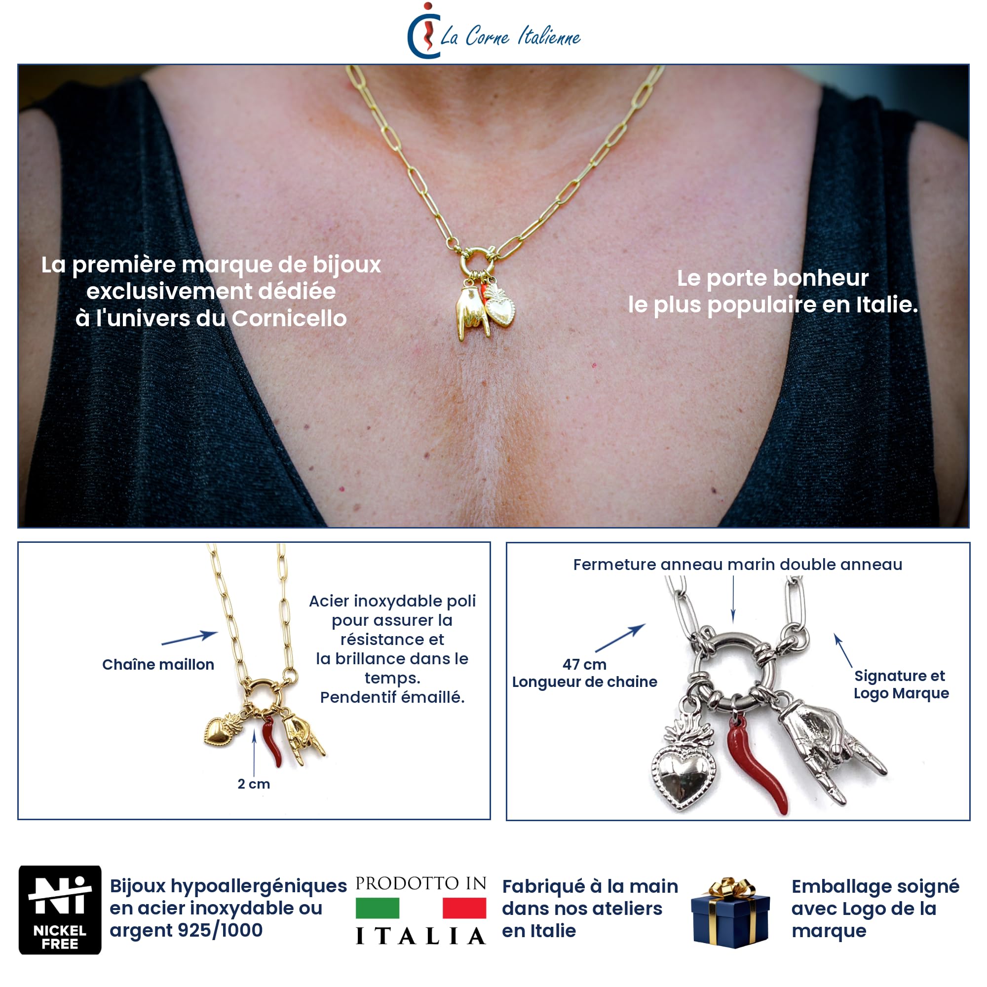 Collier Vabbe Femme Chaîne Maillon, Corne, Mano Cornuto, Cœur Sacré en acier