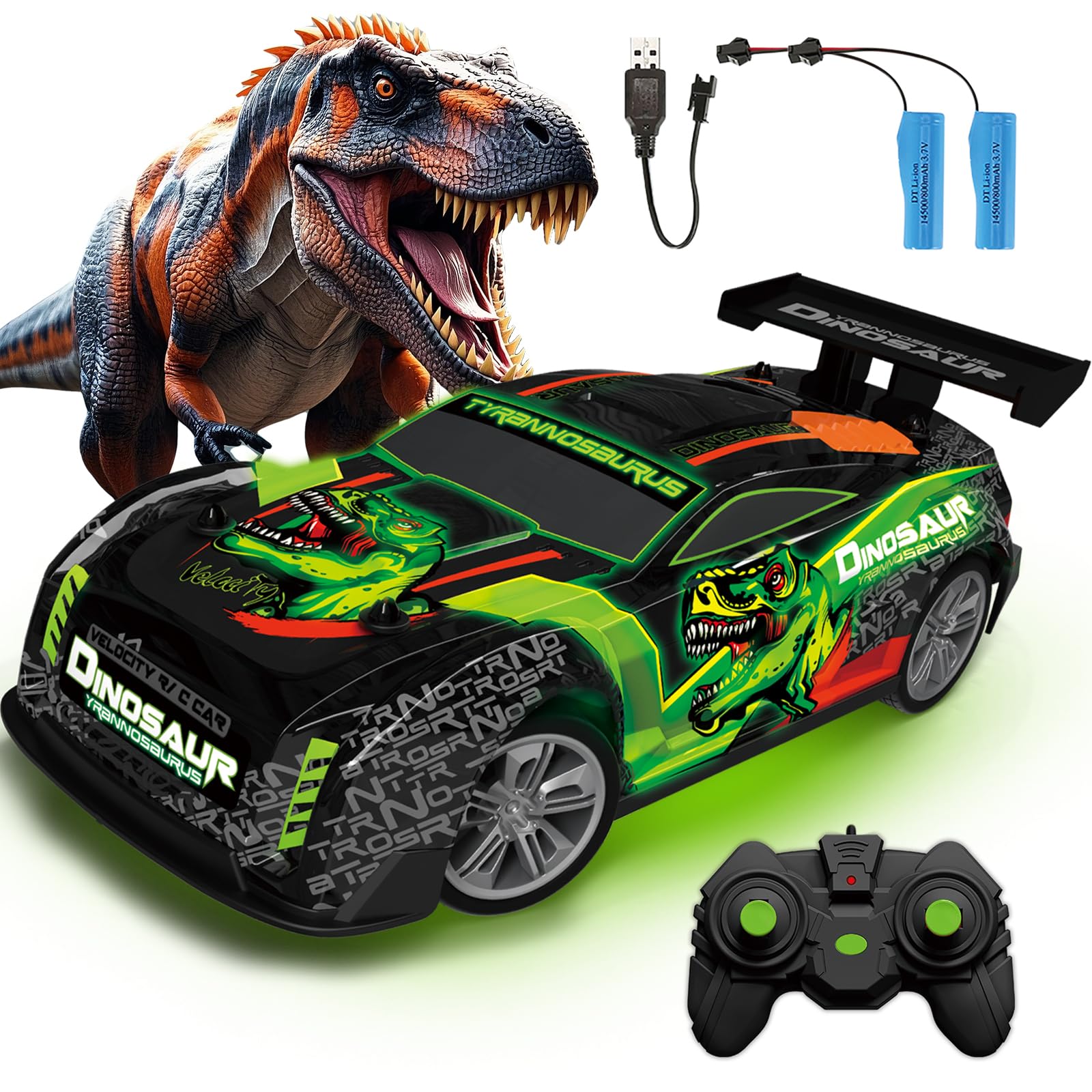Ferngesteuertes Auto ab 3 4 5 6 Jahre, Dinosaurier Spielzeug mit Licht und Musik, 15KM/H 1/16 Ferngesteuerter Dinosaurier mit 2Akku 1 Stunde Spielzeit, 2.4GHz Fernsteuerung Auto Drift Car für Kinder