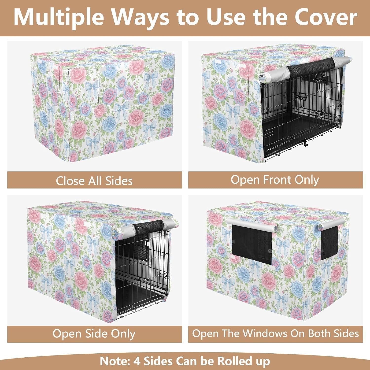 Duty 600D Silver Coated Dog Crate Cover, Water-Resistant Rose Print Pet Kennel Canopy with Mesh Windows for Optimal Ventilation, Universal Fit for Standard Wire Cage, Indoor & Travel