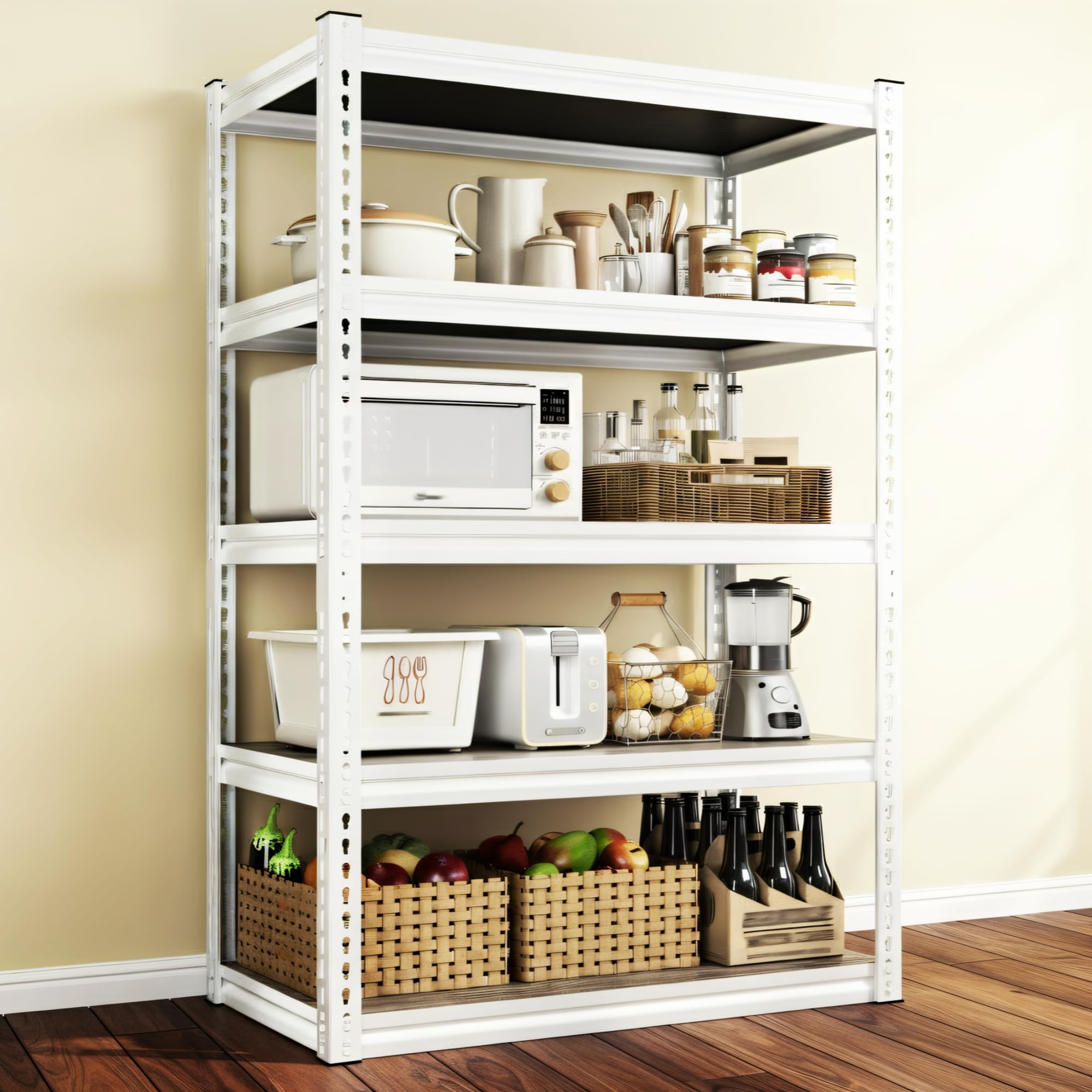 REIBII 5 Tier Storage Shelves, 2500LBS Adjustable Metal Shelving Unit, White Shelves for Pantry, Kitchen, Garage, Warehouse, 65.74" H x 33.85" W x