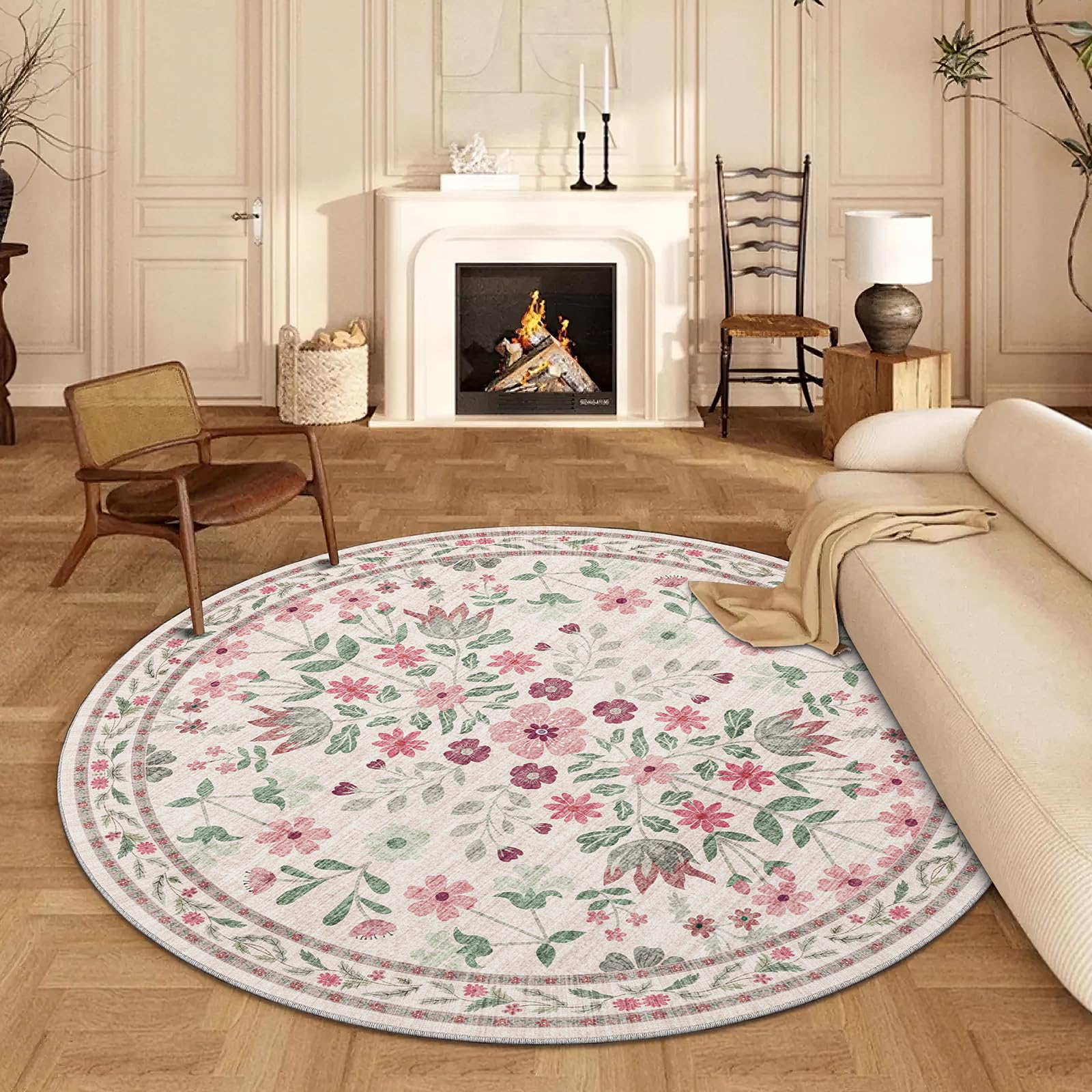 Round Rug for Living Room 120cm, Vintage Rug Washable & Non-Slip Low Pile Circle Carpet, Soft Floral Circle Rugs for Bedroom, Boho Garden Rug Kitchen, Nursery, Entryway, Dinning Room, Light Pink