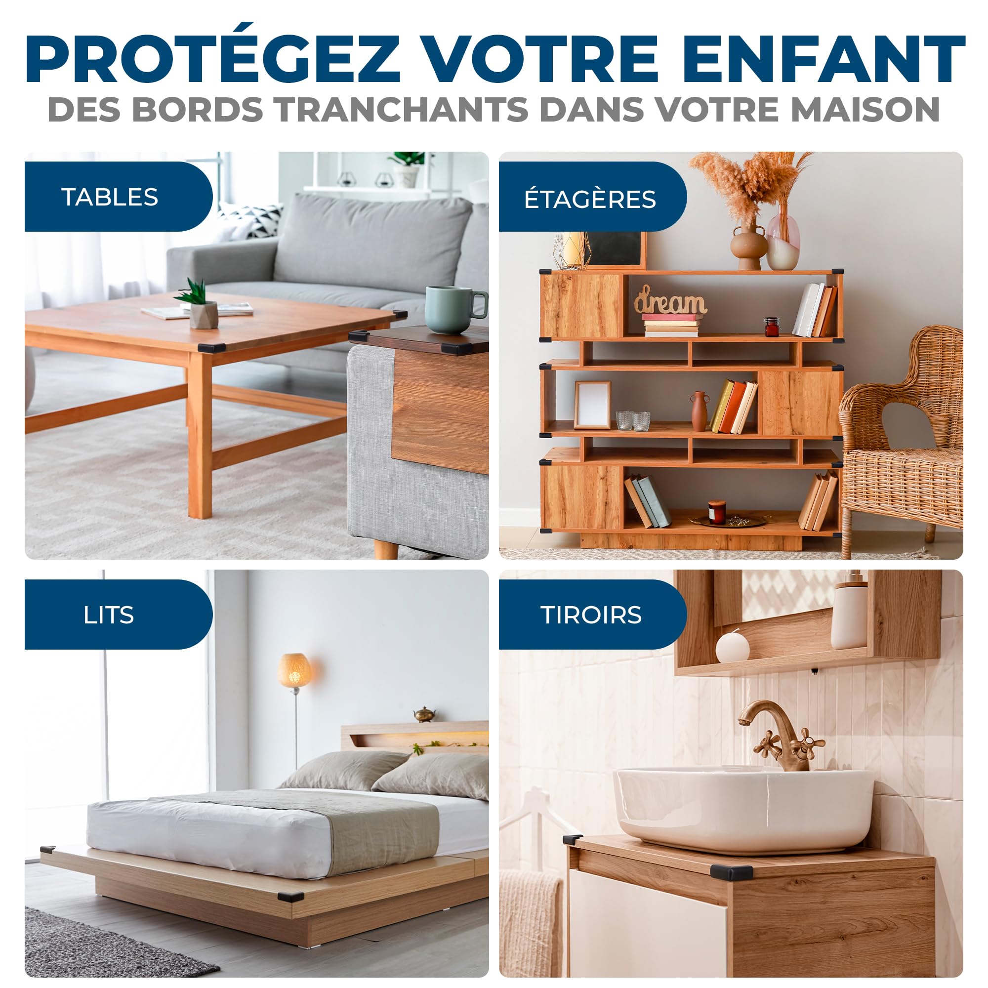 Hoffenbach 12x Protection pour Bébé – Coussin de Sécurité en Mousse Adhésive pour Angles de Table, Bureau et Étagères – Protège-Tête pour Enfant – Noir