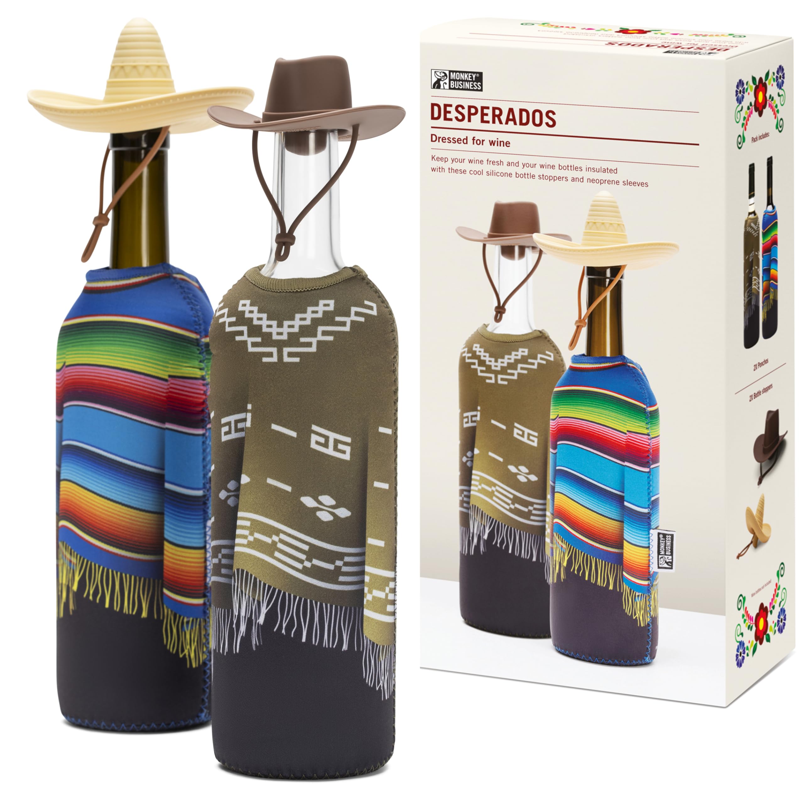 Monkey Business Giftbox for Wine Lovers – 2 Neoprene Wine Bottle Poncho Covers + 2 Silicone Wine Stoppers – Funny Wine Gifts for Hosts and Parties – Insulated Wine Sleeves – Fits 750ml Bottles