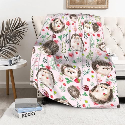Miniatura 5 de Manta de erizo  Regalo divertido para los amantes de los animales  Manta de franela de flores de erizo con flores y fresas para decoración del hogar