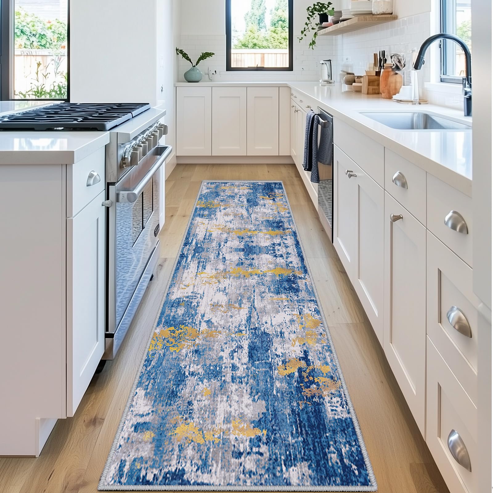 Washable Area Rugs 2'x6' Non-Slip Modern Abstract Soft for Living Room Entryway Bedroom Nursery, Print Pattern, Grey Blue Gold/Golden