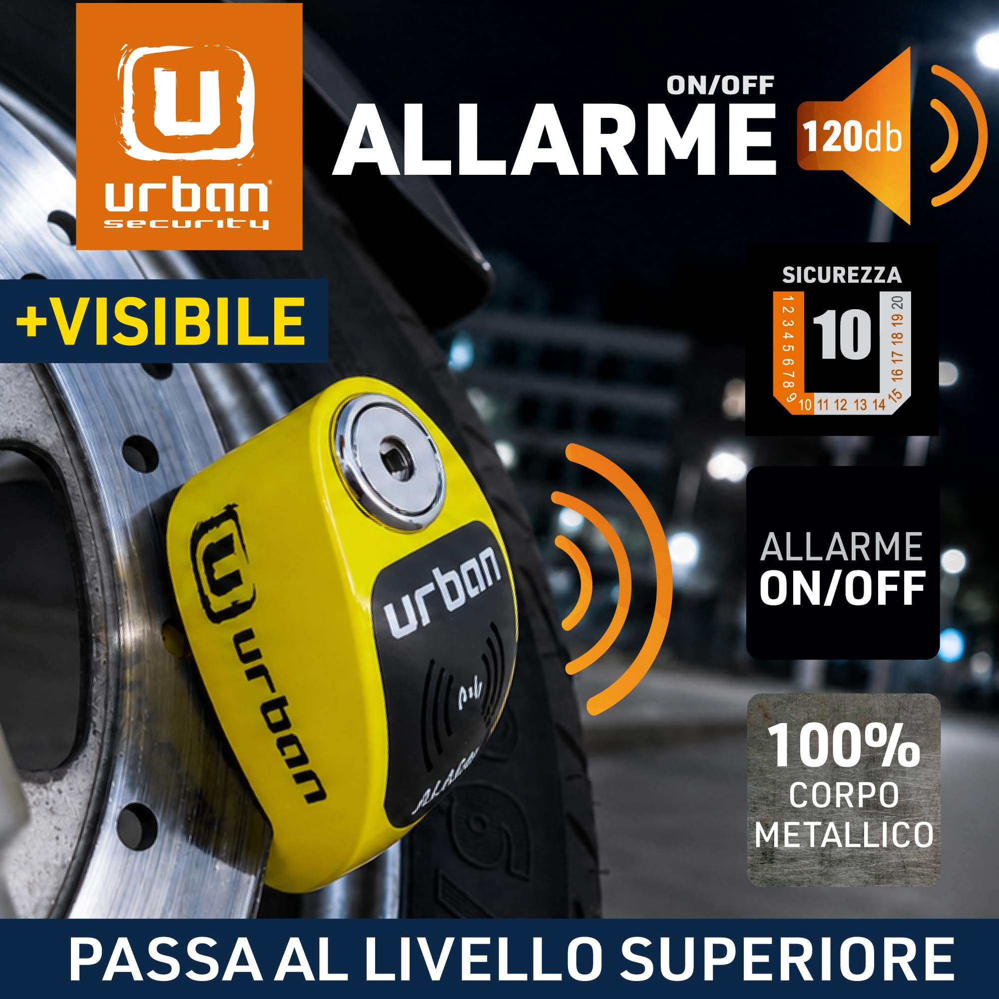 URBAN UR906Y Blocca Disco per Moto con Allarme 120dB Hi-Tech X2 ON, Modulo Impermeabile Sostituibile, Batteria CR2, Cavo Promemoria, Antifurto Bloaccadisco Universale Scooter Biciclette Monopattini