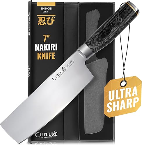 Cutluxe Cuchillo Nakiri Cuchillo japonés ultra afilado de 7 pulgadas para picar, hoja de acero inoxidable de alto carbono, mango de madera de Pakka