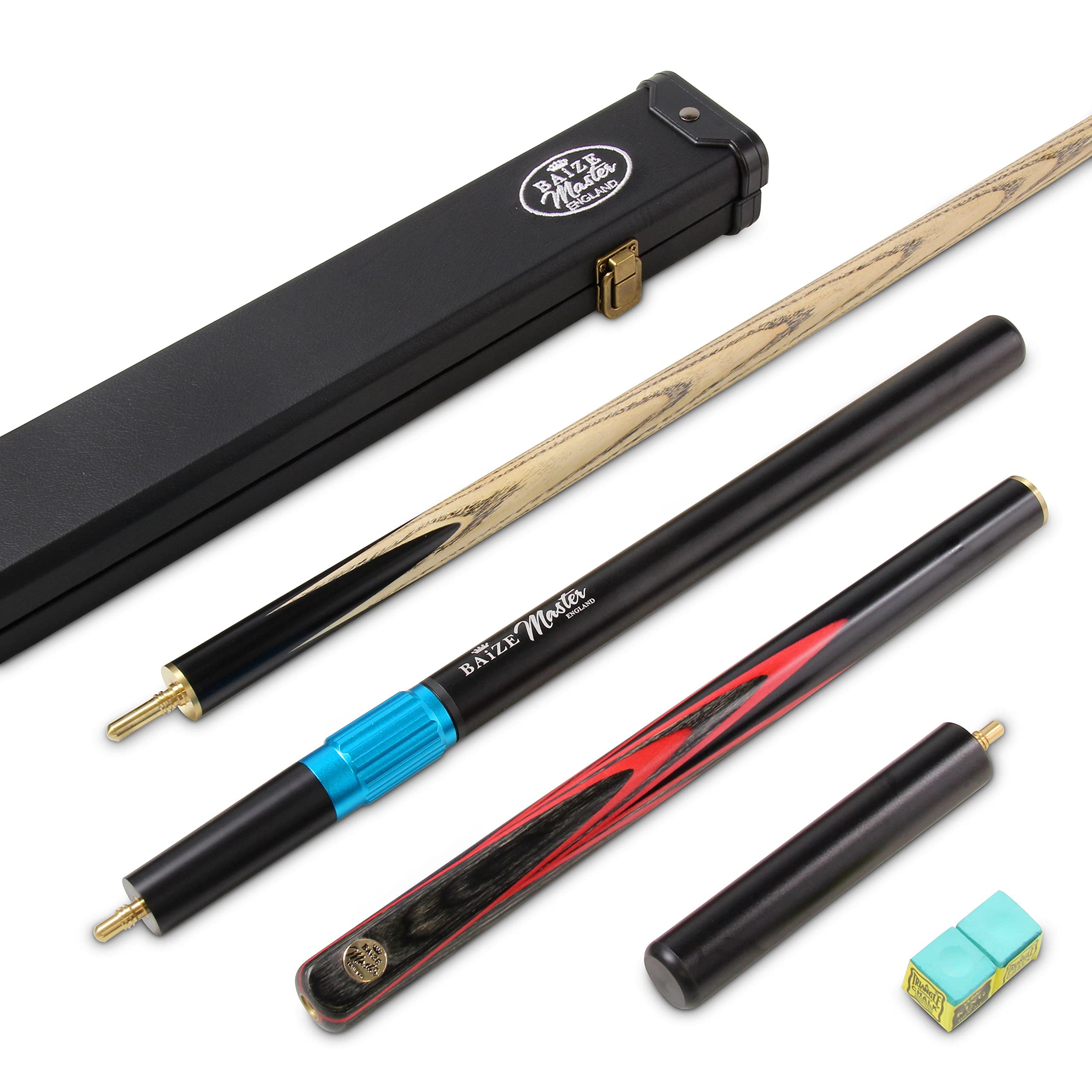 BAIZE MASTER Gold Series EMPEROR SNOOKER CUE SET with 58 Inch Hand Spliced 3/4 Joint Cue 9.5mm Tip, Deluxe Black White Interior Hard Case, Long Telescopic Extension and 2 x Chalk (Ruby Red)