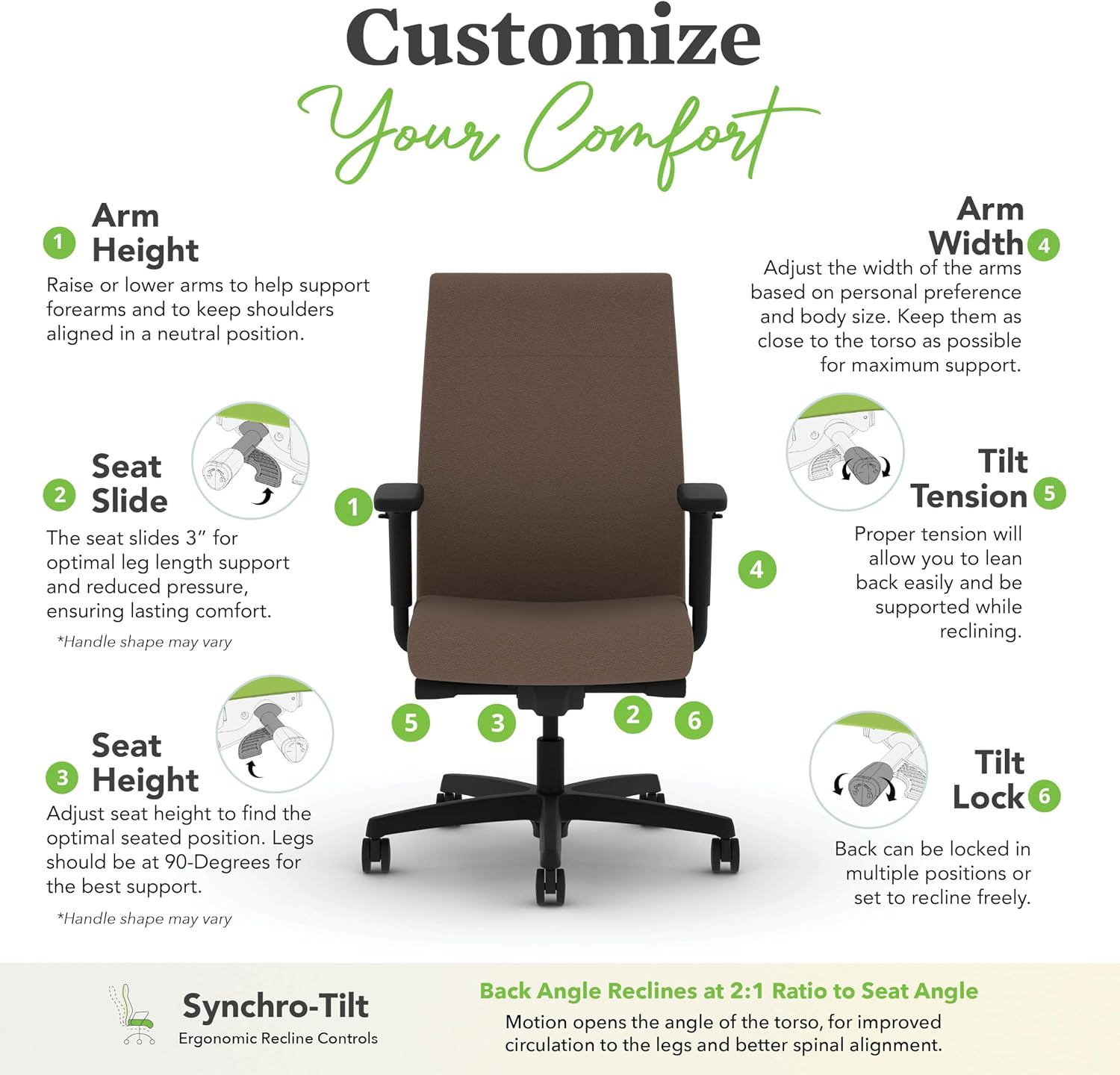 HON Ignition 2.0 Ergonomic Office Chair with Adjustable Arms, Advanced Synchro‑Tilt Recline, Upholstered Desk and Computer Chair for Home Office or Workstation, Black Frame, Bark