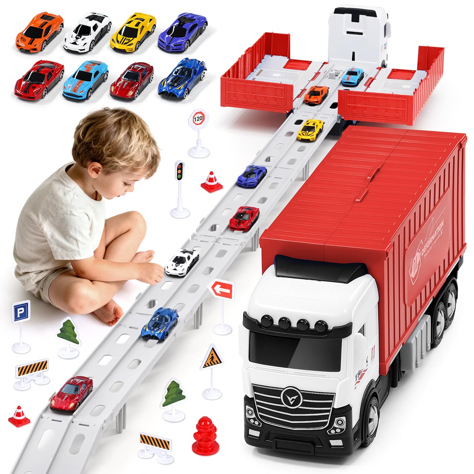 Transport Truck Toy Cars for Boys Aged 3, 4, 5, 6 Years, Portable Racing Track Truck Toy Car with 8 Racing Cars, Transporter Vehicle Toy Set for Children (Rosso)