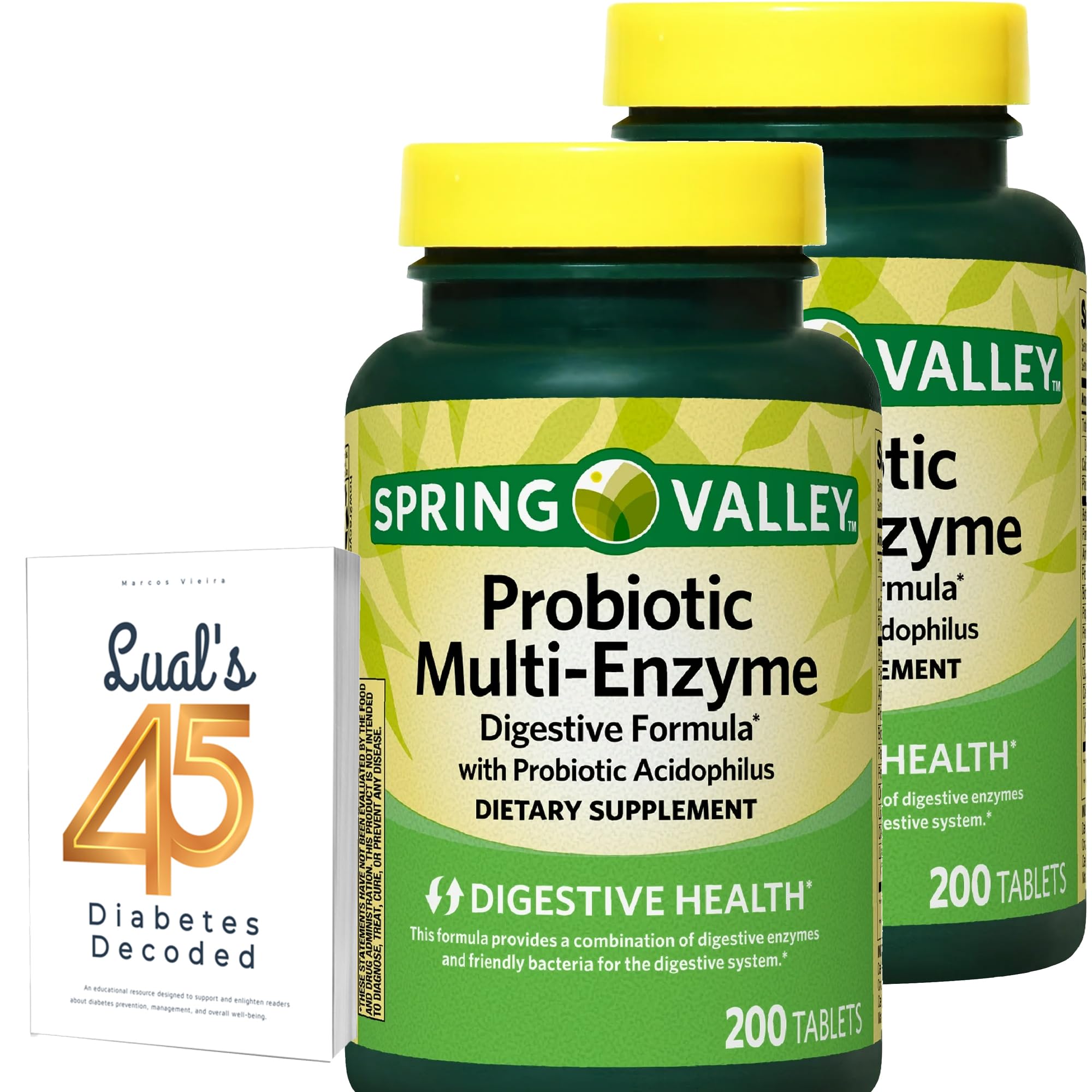 Spring Valley Probiotic Multi-Enzyme Digestive Formula Tablets, 200 Count, Probiotics for Men and Women for Digestive Health Bundle with 45 Diabetes Decoded