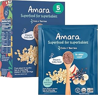 Amara Organic Stage 2 Oats & Berries Cereal: Mix-in Powder for Breastmilk/Water (5 Servings)