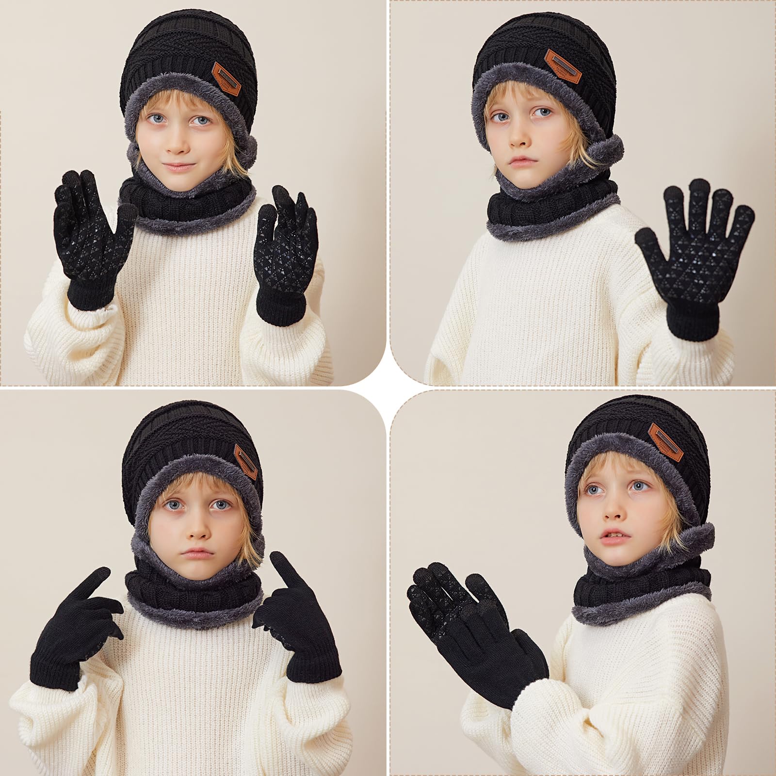 Packs Bonnet Écharpe et Gants Garçon Fille Enfant Bonnet Tricoté Doublé en Polaire Tour de Cou Gants d'hiver à Écran Tactile 5-10 Ans