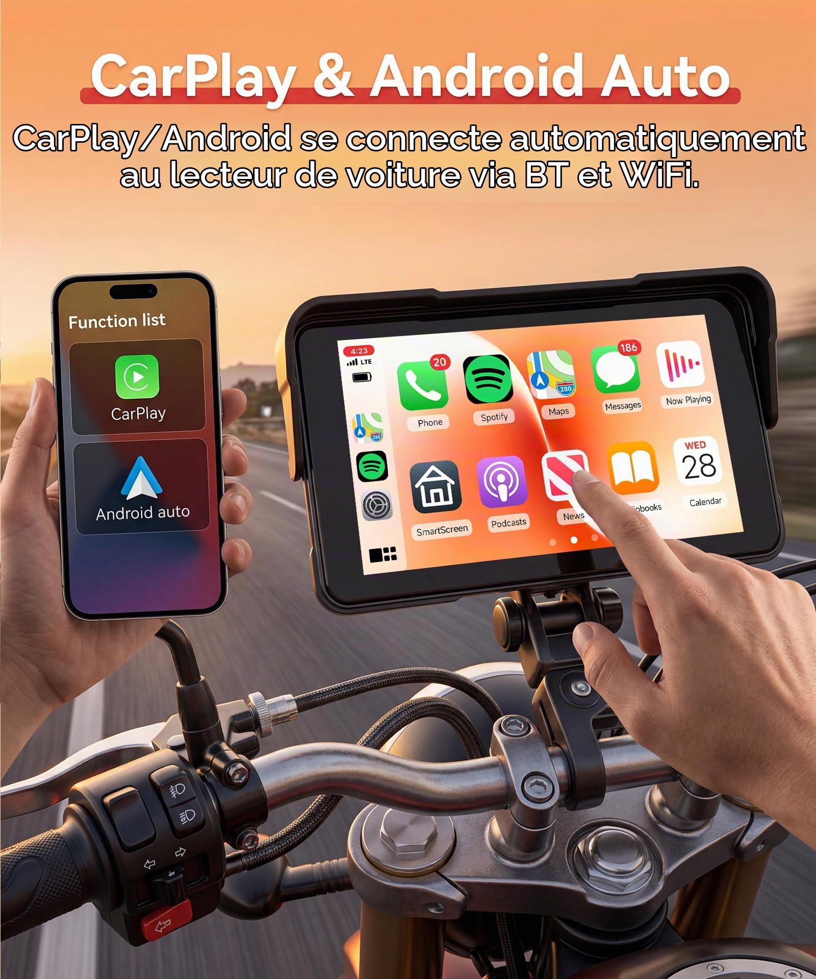 Rimoody 5 Pouces Écran Carplay pour Moto avec Commande au Guidon, Support Amovible, Moniteur sans Fil CarPlay & Android Auto, Radio CarPlay Étanche IP68 Bluetooth/Contrôle de la Pression des pneus