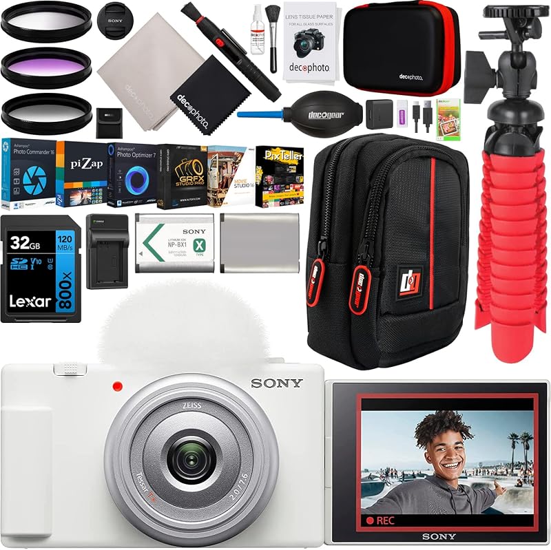 ZV-1F Vlog Camera with 4K Video & 20.1MP for Content Creators and Vloggers White ZV-1F/W | Official Sony USA Partner Model | Bundle with Deco Gear Case + Extra Battery + Filter Kit & Accessories