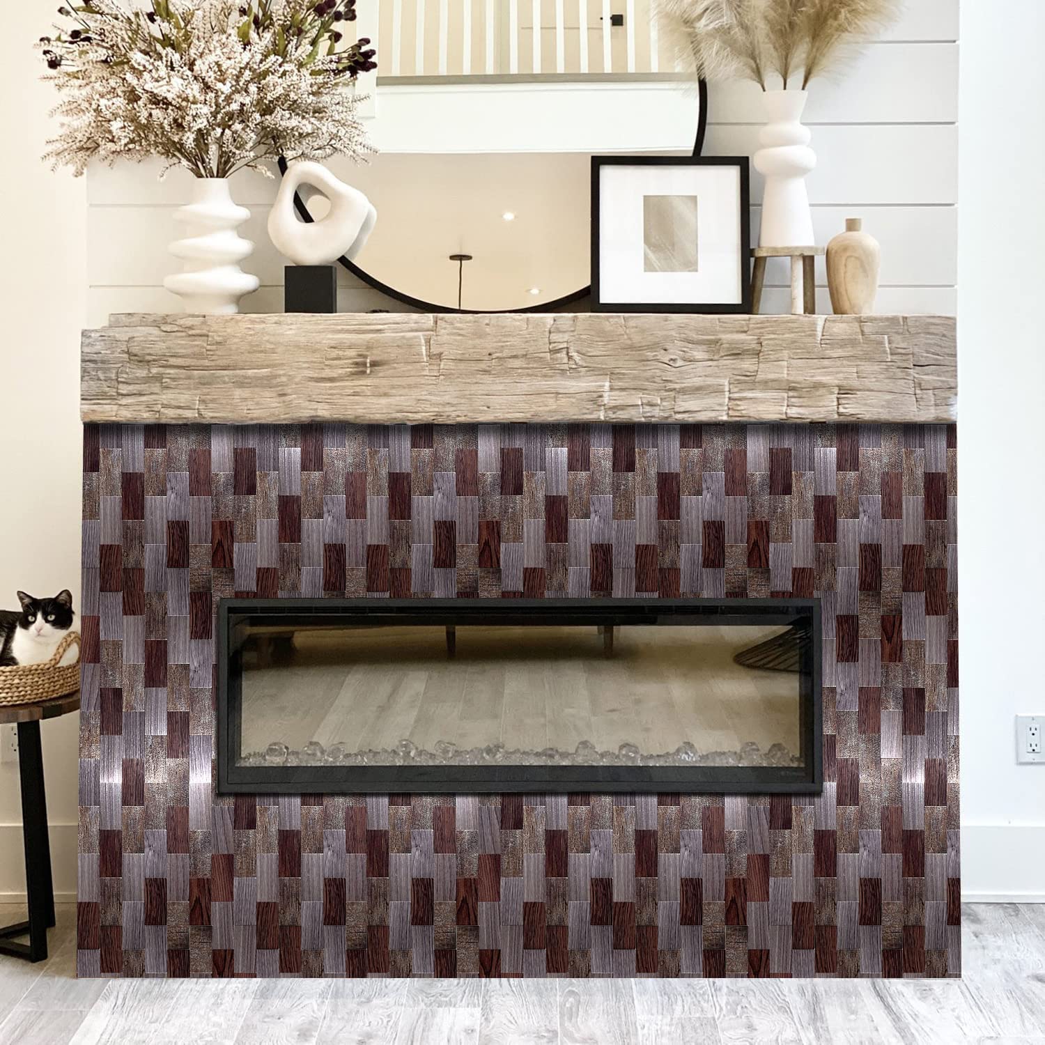 YMMXGE 10-Sheet Peel and Stick Backsplash Tile for Home Decor, Self Adhesive Subway Sticker Aluminum 3D Wall Stick on Kitchen,Bathroom,Fireplace,Laundry Table (10, Wood Texture 5)