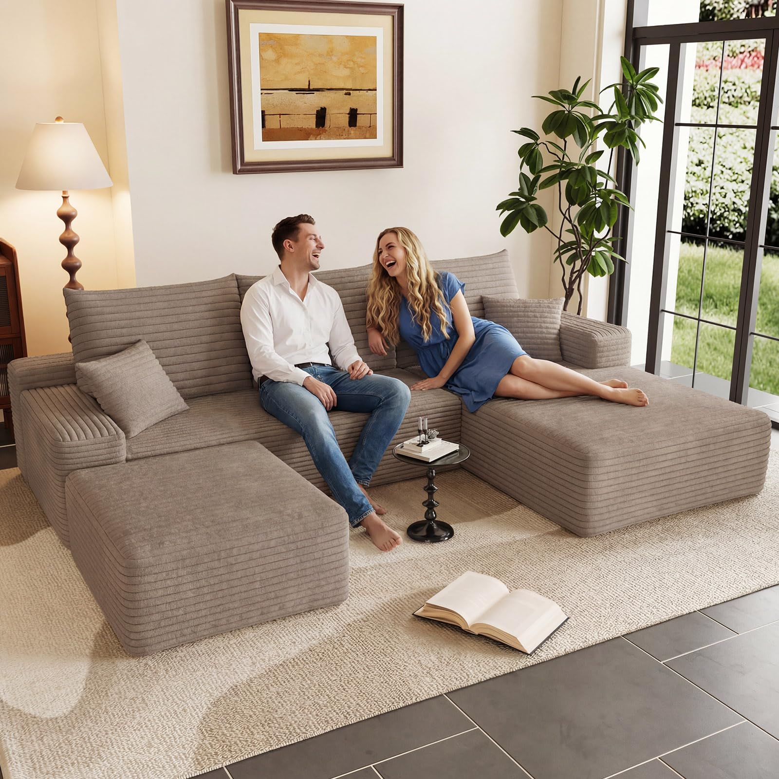 95" U-Shape Cloud Couch, Modern Modular Sectional L-Shape Sofa with Ottoman, Corduroy Upholstered Couches Deep Seat Sleeper Chaise Longue for Living Room, No Assembly Required(Camel, Right Facing)