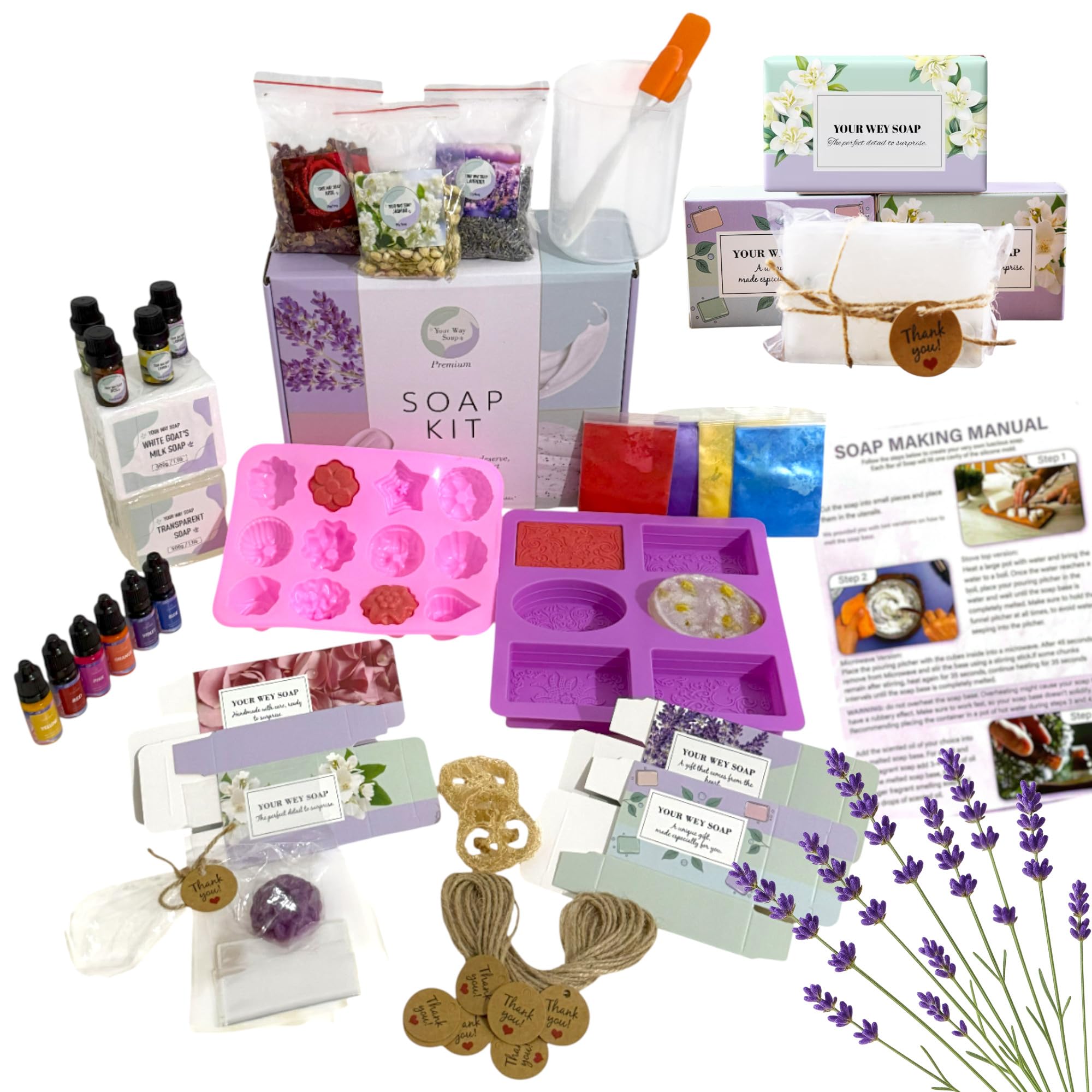Kit de fabricación de jabón para regalo, 53 piezas de suministros de jabón para derretir y verter con bases de manteca de karité y glicerina, moldes, aceites esenciales, flores secas, juego de regalo