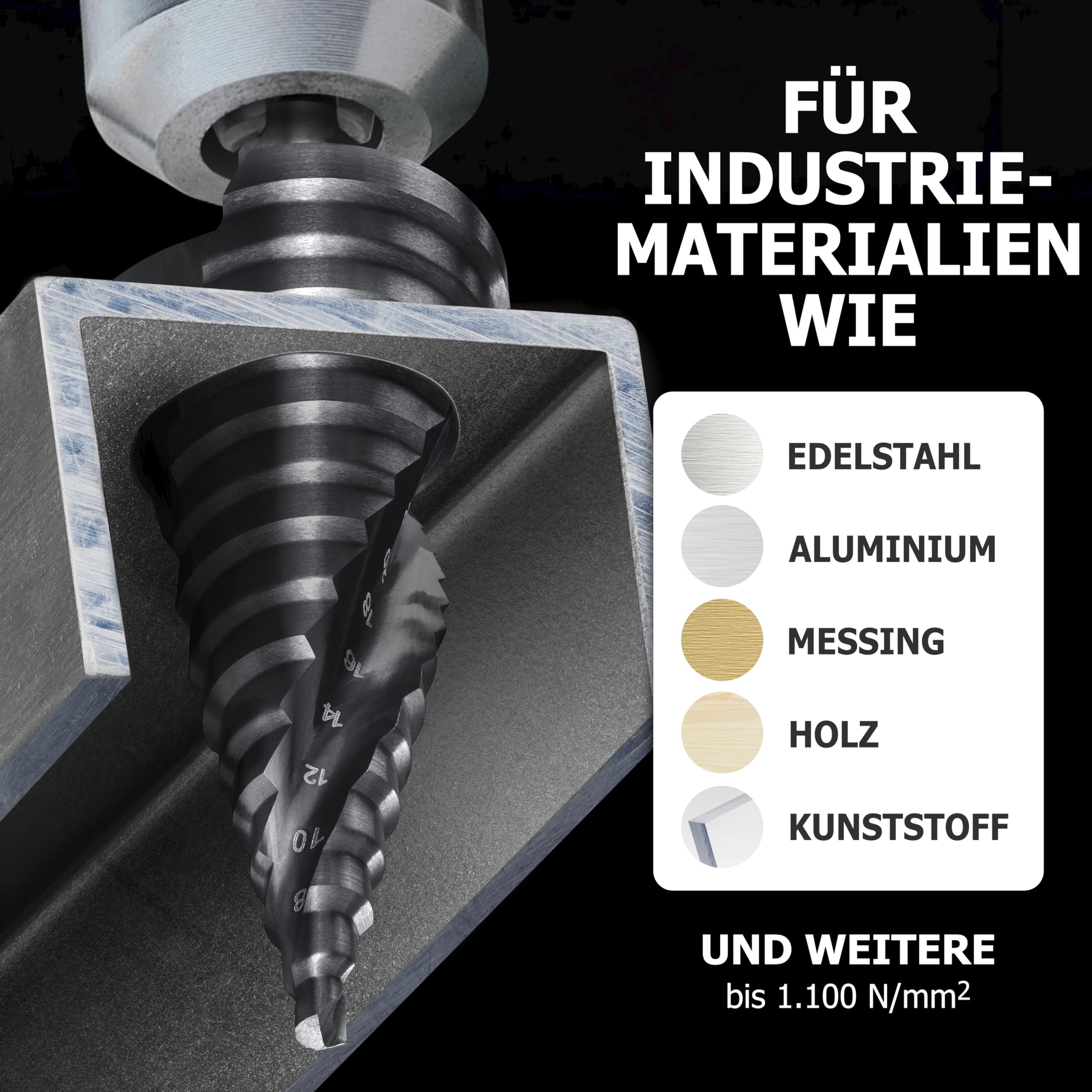 Pinava® Stufenbohrer HSS Cobalt Pro TiAIN [Extra Langlebig & Hitzebeständig] - Profi Kegelbohrer für Edelstahl, Metall, Holz, Kunststoff - Blech-Schälbohrer Extrem Scharf Ø4-32mm Edelstahlbohrer