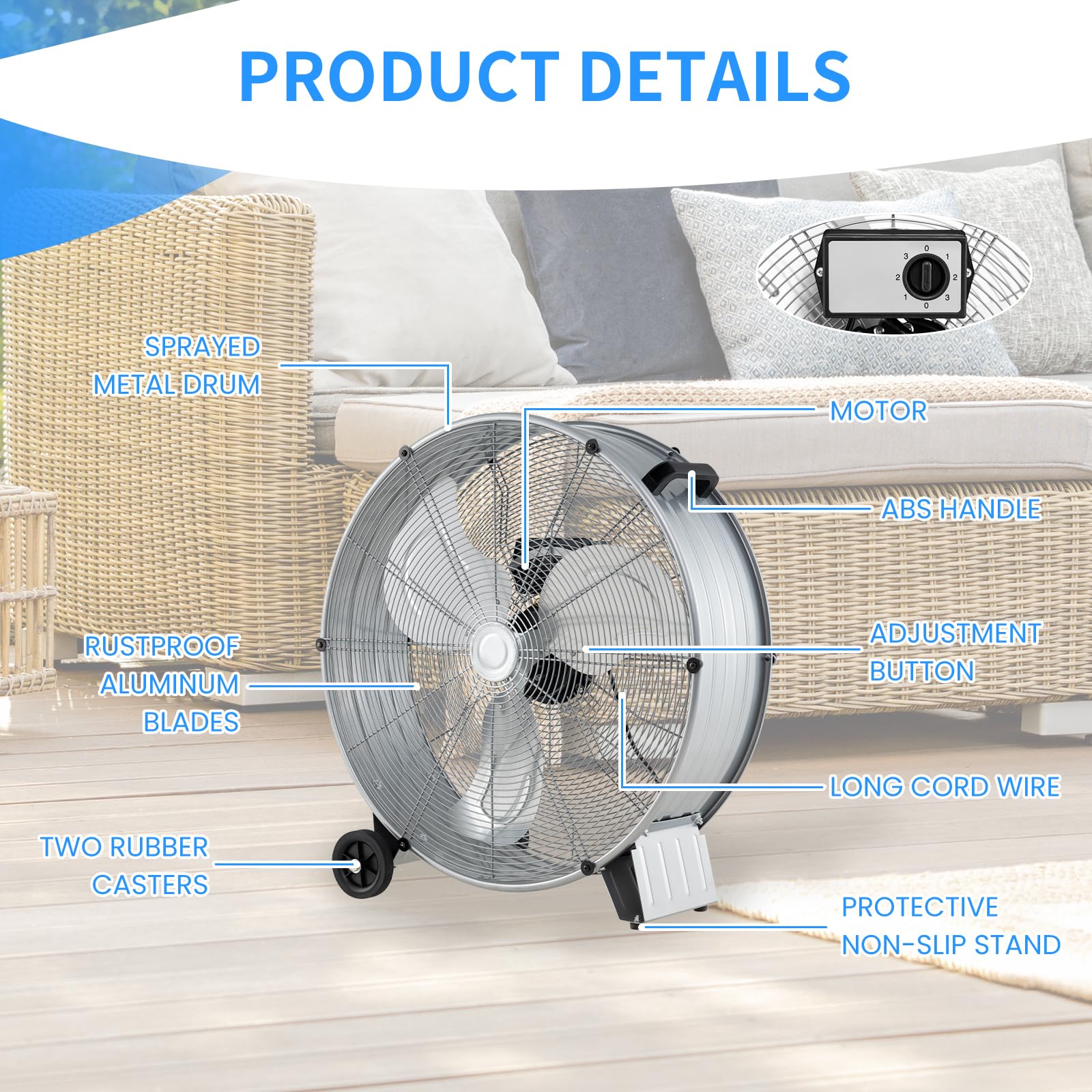 SOARS Ventilatori da Pavimento, 3 Velocità di Vento Regolabili, Ventilatore Industriale in Metallo, 2 Ruote in Gomma, per Magazzino, Officina, Cantina, Ufficio, Ø60 CM (Argento bianco)