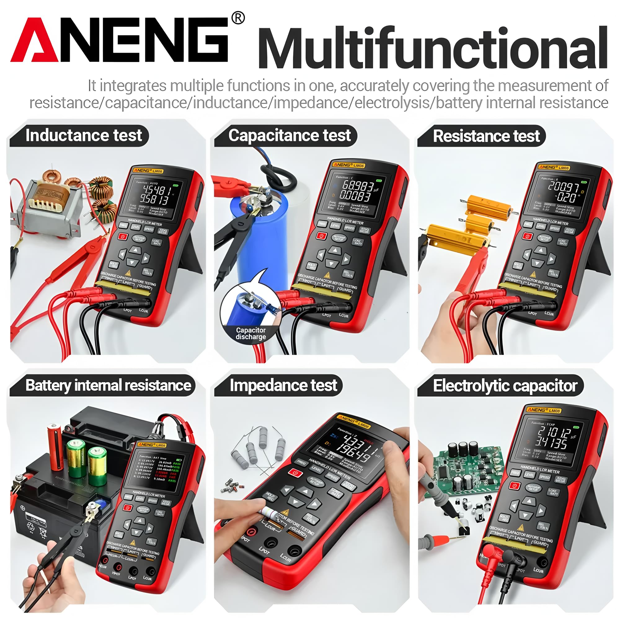 Medidor Puente LCR LM08 Medidor ESR Electrónico Multímetro Capacitor Reparación Taller Prueba Inductancia Resistencia DIY 100Hz 100kHz Herramientas de Medición (LM08+pinza Kelvin)