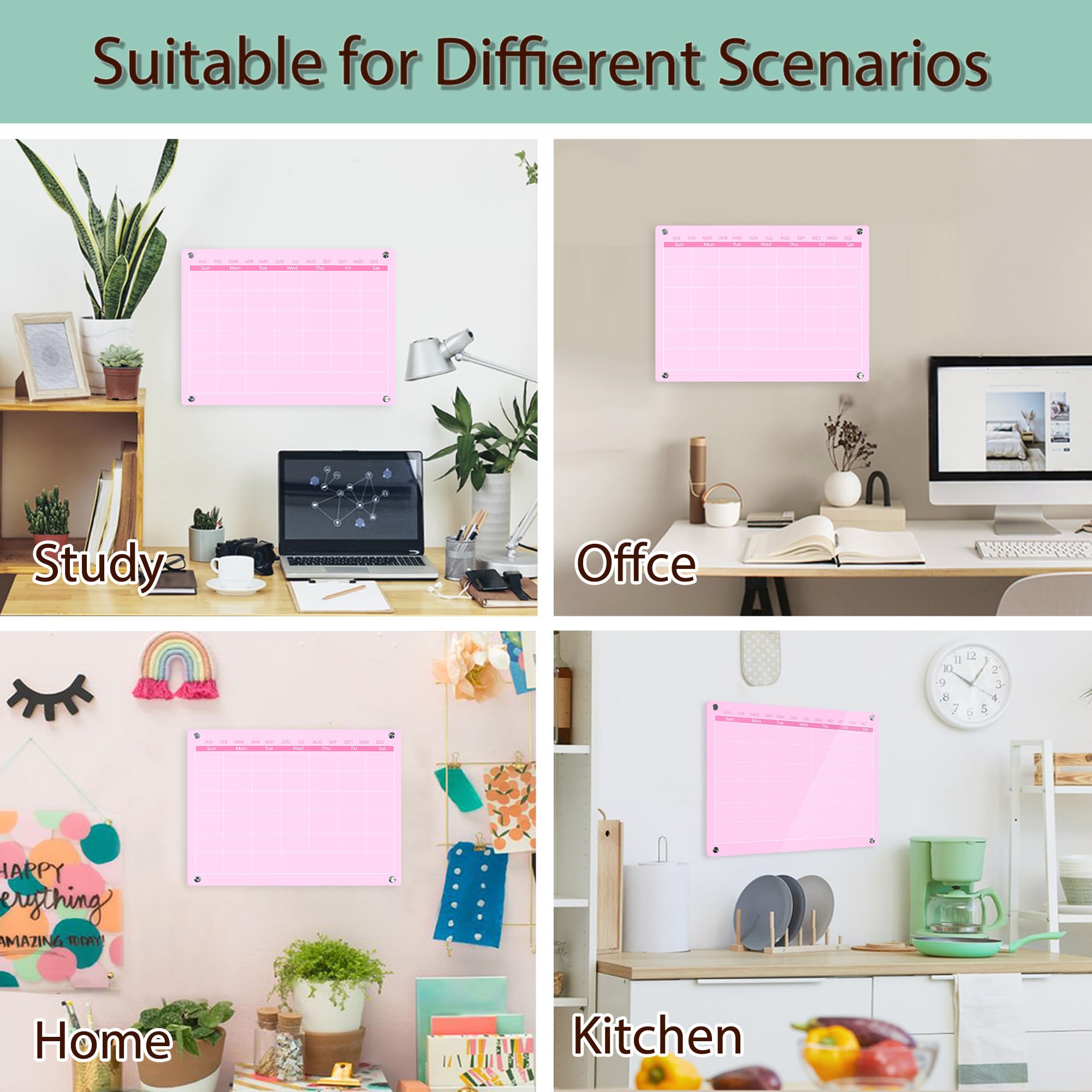 Calendario acrílico para pared, 15.7 x 11.8 pulgadas, calendario de pared acrílico con superficie de borrado en seco, calendario mensual acrílico para pared, pizarra rosa de borrado en seco