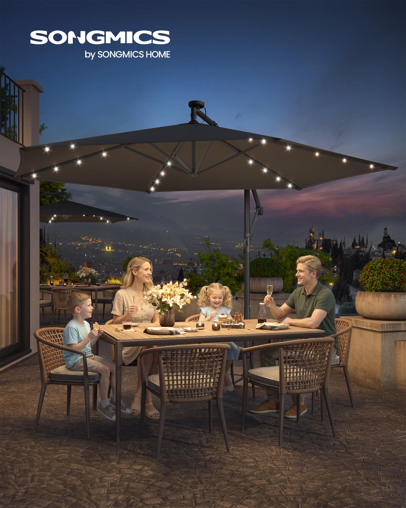 SONGMICS Parasol Déporté avec 32 LED, Socle en Croix, Ombrelle, Protection UPF 50+, Manivelle d'Ouverture et de Fermeture, Jardin, Terrasse, Piscine, Plage