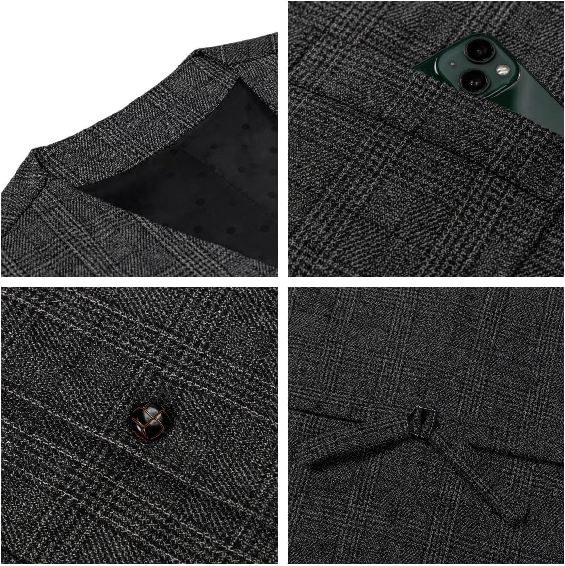 SevenBoy Mens Vintage Suit Vest Plaid Tweed Waistcoat Casual Dress Vest - Image 4