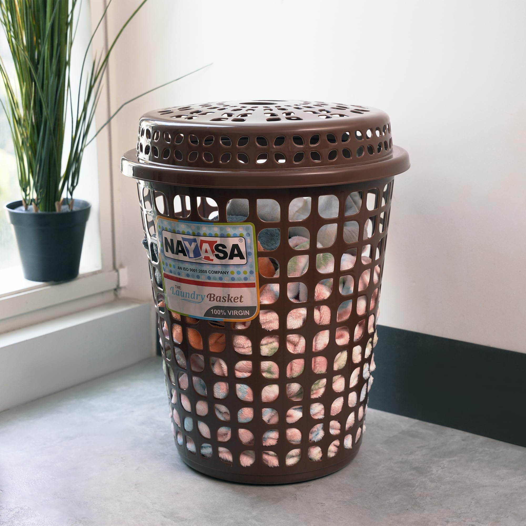Nayasa Round Petal Laundry Basket with Lid | 44 Ltrs | Plastic Storage Basket for Clothes, Toys & Household Utility | Stylish & Durable Organizer for Bedroom, Bathroom & Living Room | Brown-image-42