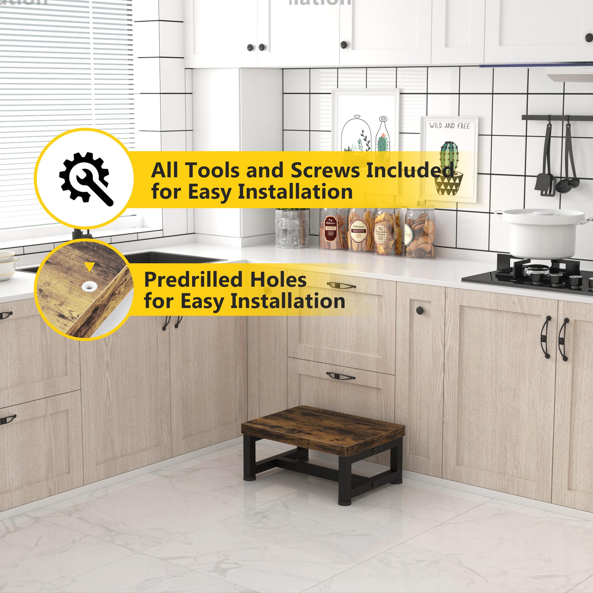 Step Stools for Adults Kids, Sturdy Wooden Stepping Stools with 450LB Capacity, Anti-Slip Bed Steps Stool for High Beds, Foot Stool One Step Stool for Kitchen Bathroom Bedroom, Rustic Brown