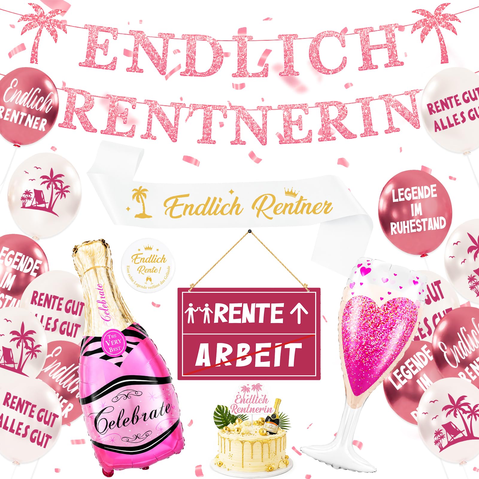Rente Deko Set - Endlich Rentnerin Banner, Ruhestand Deko Rentner Schärpe Rente Gut Alles Gut Luftballons , Tortendeko, Deko Renteneintritt Männer Frauen für Abschiedsfeier Party