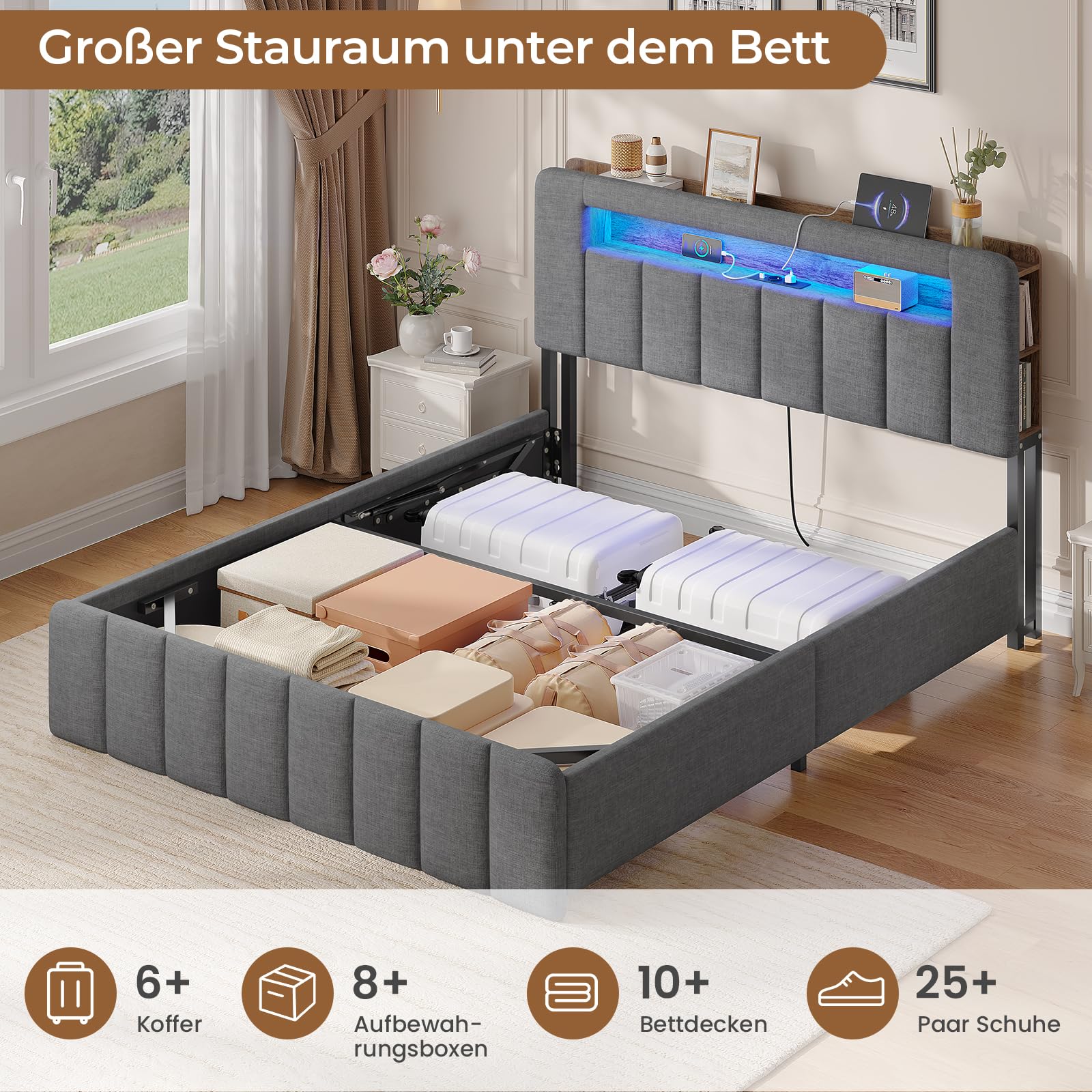 AGOLLATI Letto Matrimoniale con Contenitore 140x200 Struttura Letto matrimoniale con LED e Stazione di Ricarica, Letto Contenitore Idraulico Struttura Letto Imbottito con Testiera Lino Grigio Scuro