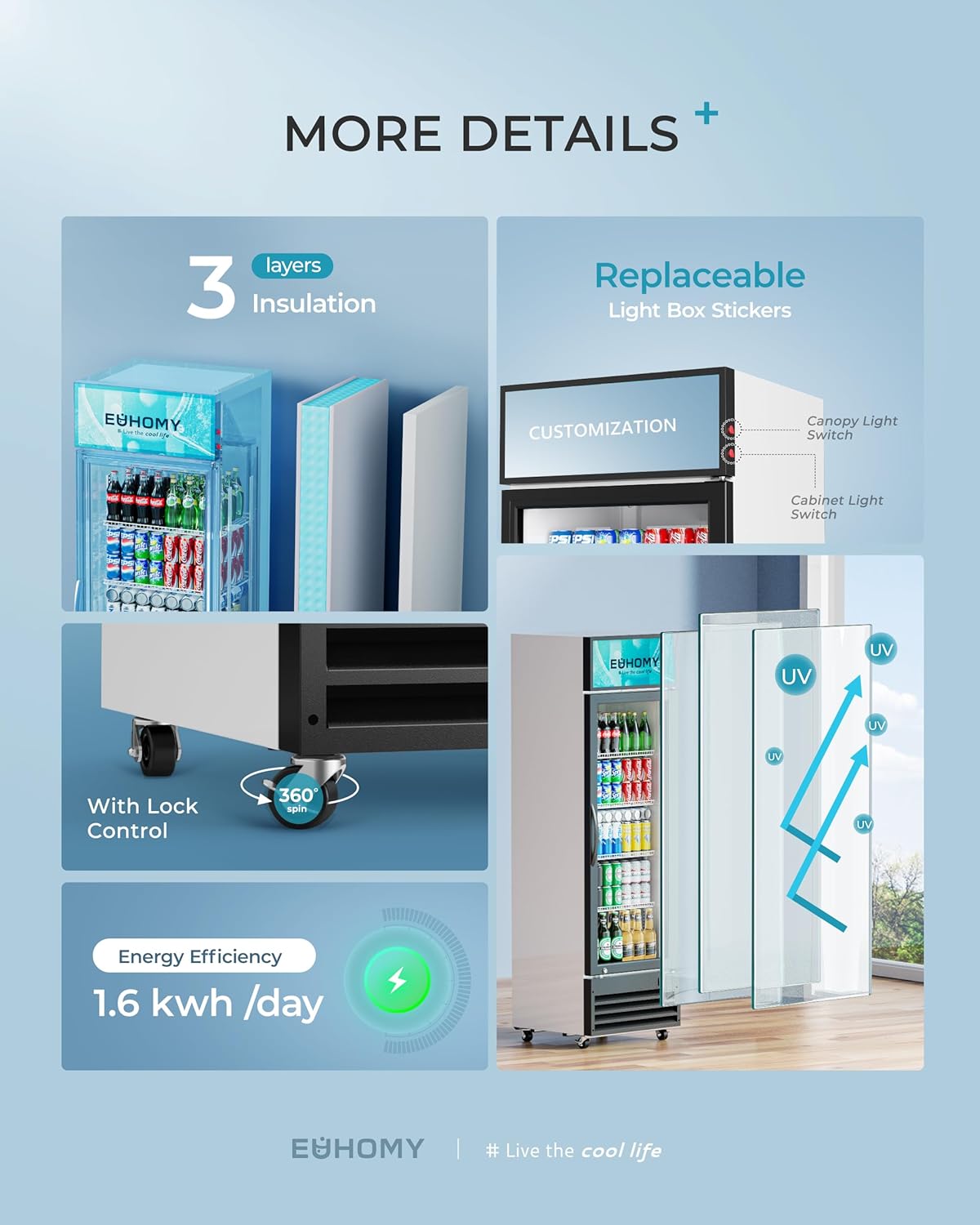 EUHOMY Commercial Display Refrigerator, 9 Cu.Ft Glass Door Merchandiser Drink Fridge with Soft LED Light Adjustable Shelves, Commercial Beverage Refrigerator for Bar, Restaurant, Cafe(Black)